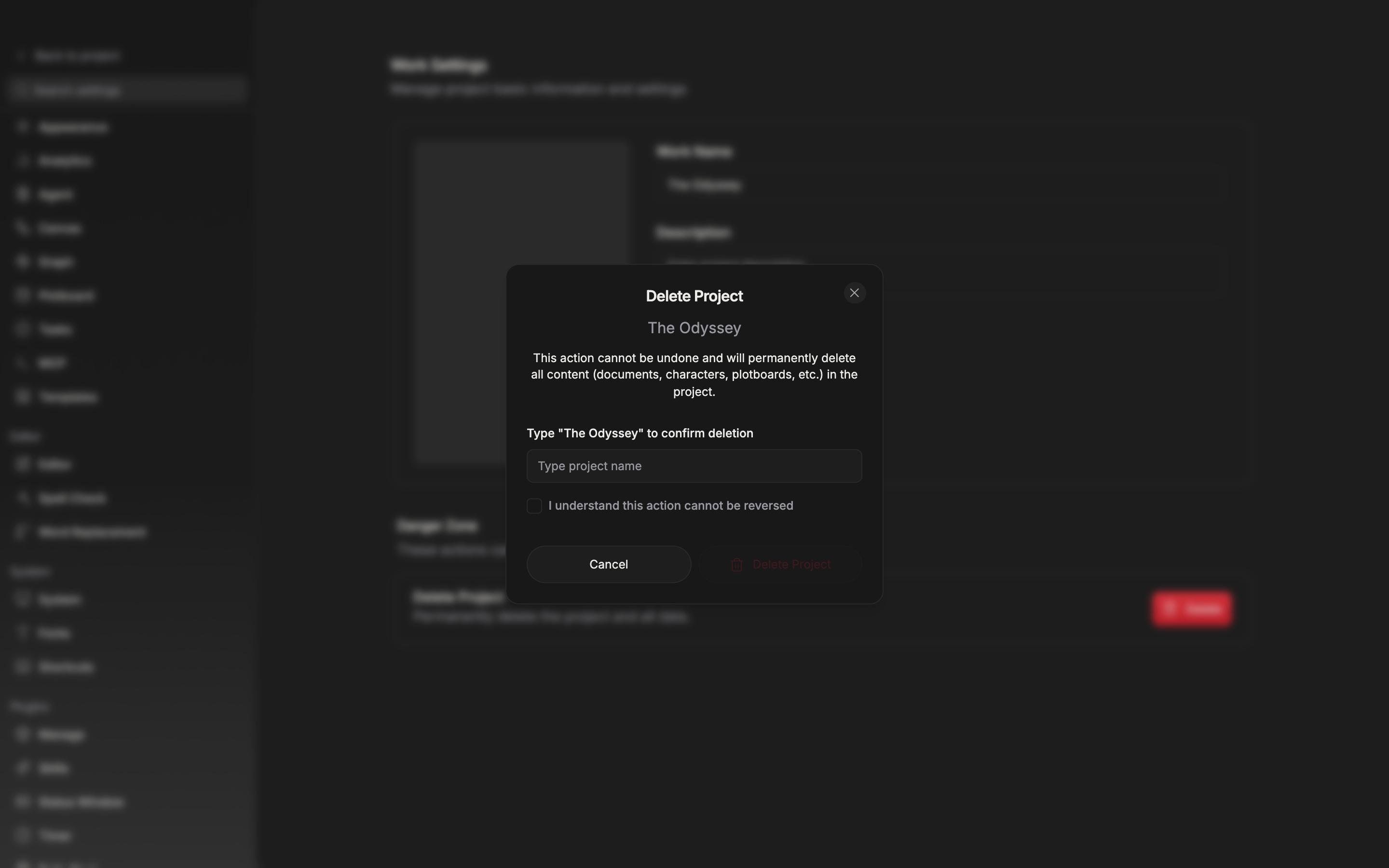 The confirmation dialog opened by clicking the delete button. The project name, the warning text, the name input, and the checkbox are all visible, and the name field is left empty so the delete button below is captured in its dimmed state.