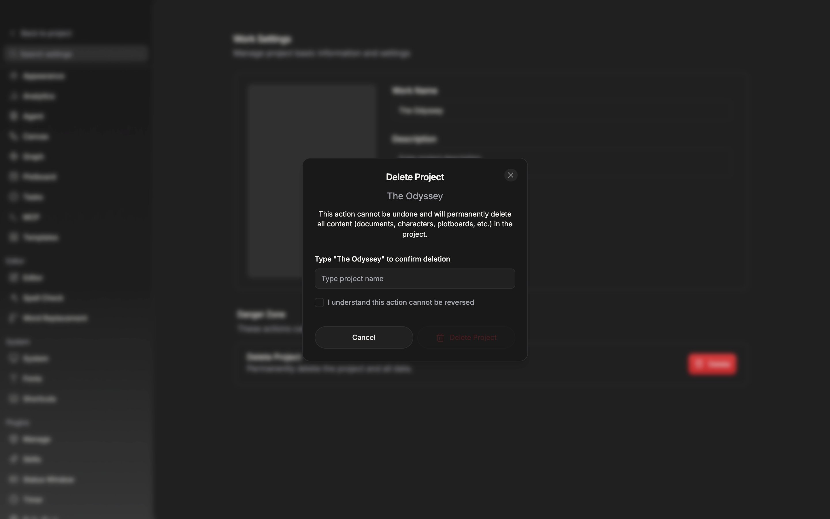 The confirmation dialog opened by clicking the delete button. The project name, the warning text, the name input, and the checkbox are all visible, and the name field is left empty so the delete button below is captured in its dimmed state.