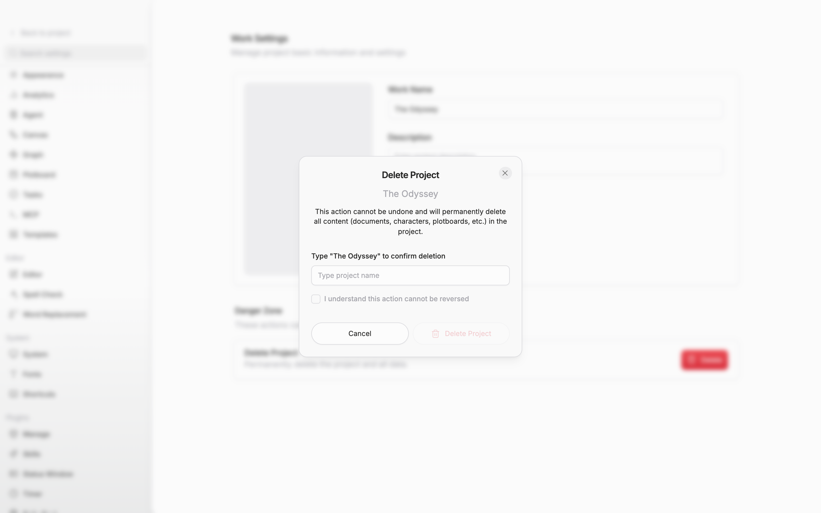 The confirmation dialog opened by clicking the delete button. The project name, the warning text, the name input, and the checkbox are all visible, and the name field is left empty so the delete button below is captured in its dimmed state.