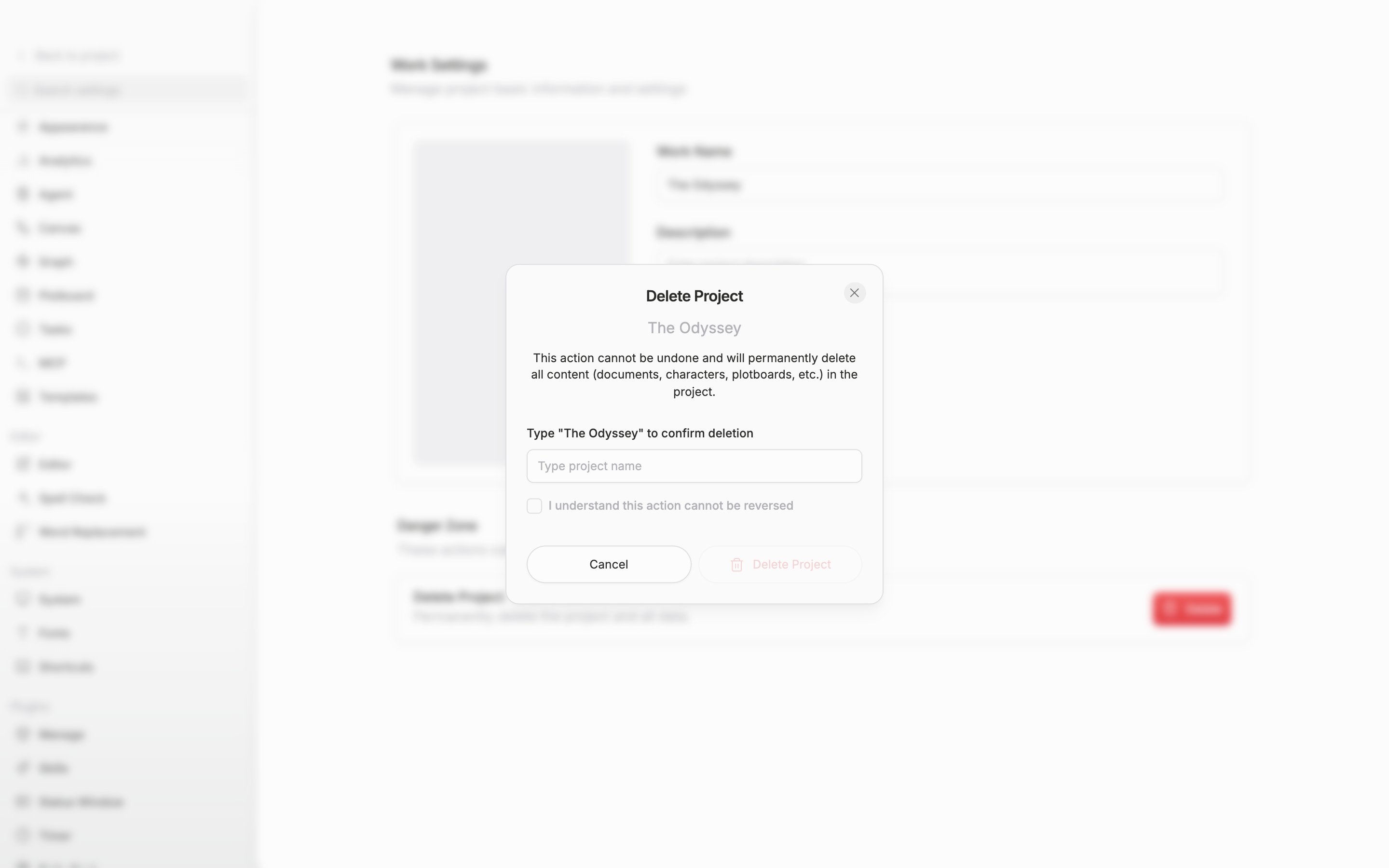 The confirmation dialog opened by clicking the delete button. The project name, the warning text, the name input, and the checkbox are all visible, and the name field is left empty so the delete button below is captured in its dimmed state.