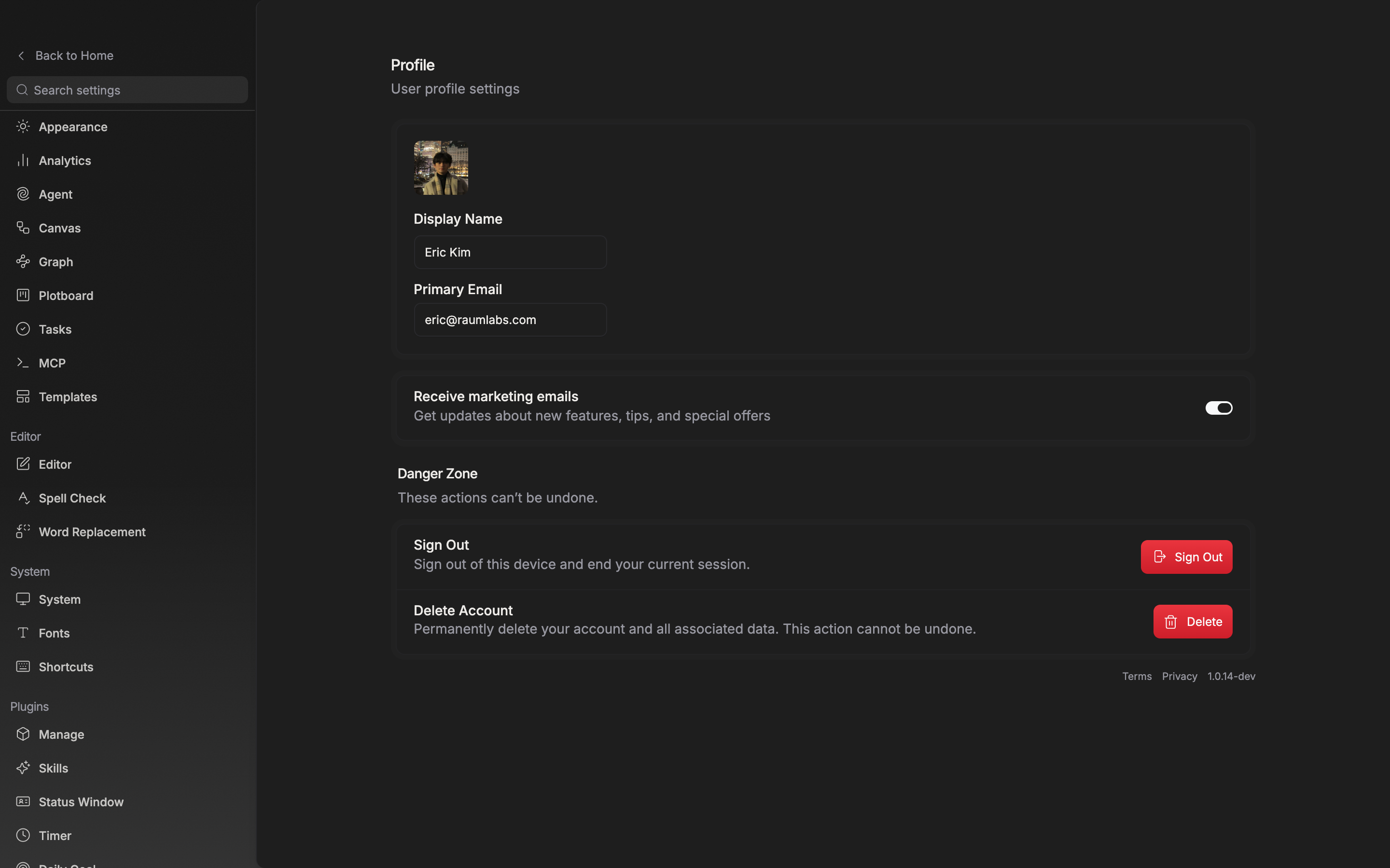 Scrolled to the bottom of the Profile tab with the “Danger Zone” card in frame. The Sign Out row and the Delete Account row are visible, along with the Terms and Privacy links and the version string below them.