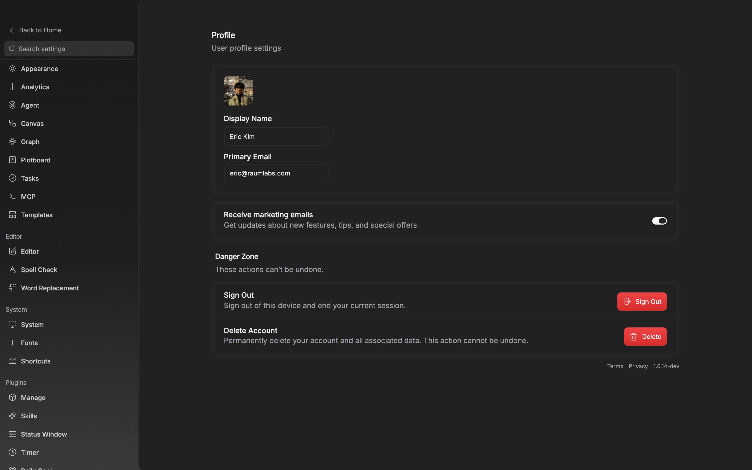 Scrolled to the bottom of the Profile tab with the “Danger Zone” card in frame. The Sign Out row and the Delete Account row are visible, along with the Terms and Privacy links and the version string below them.