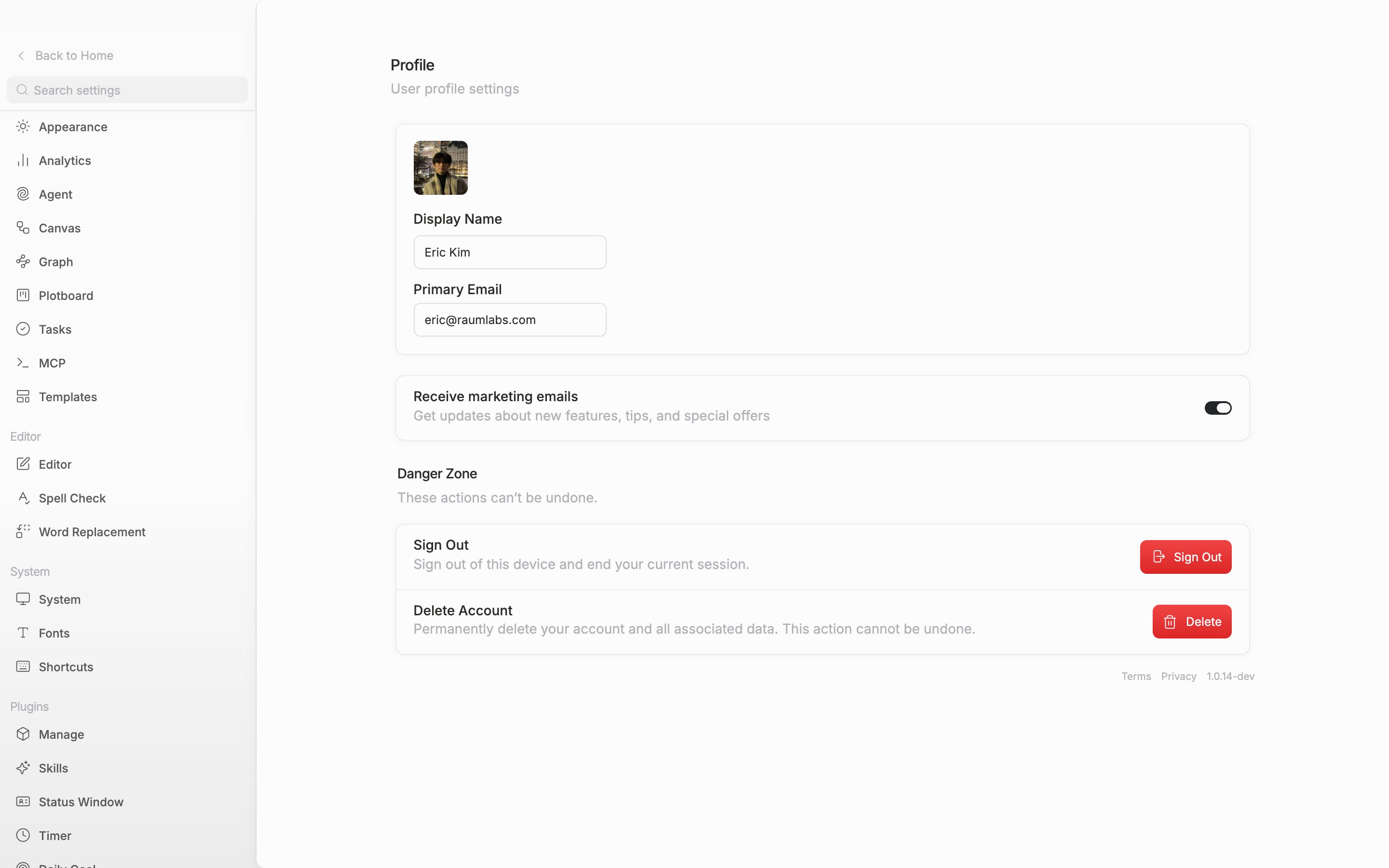 Scrolled to the bottom of the Profile tab with the “Danger Zone” card in frame. The Sign Out row and the Delete Account row are visible, along with the Terms and Privacy links and the version string below them.
