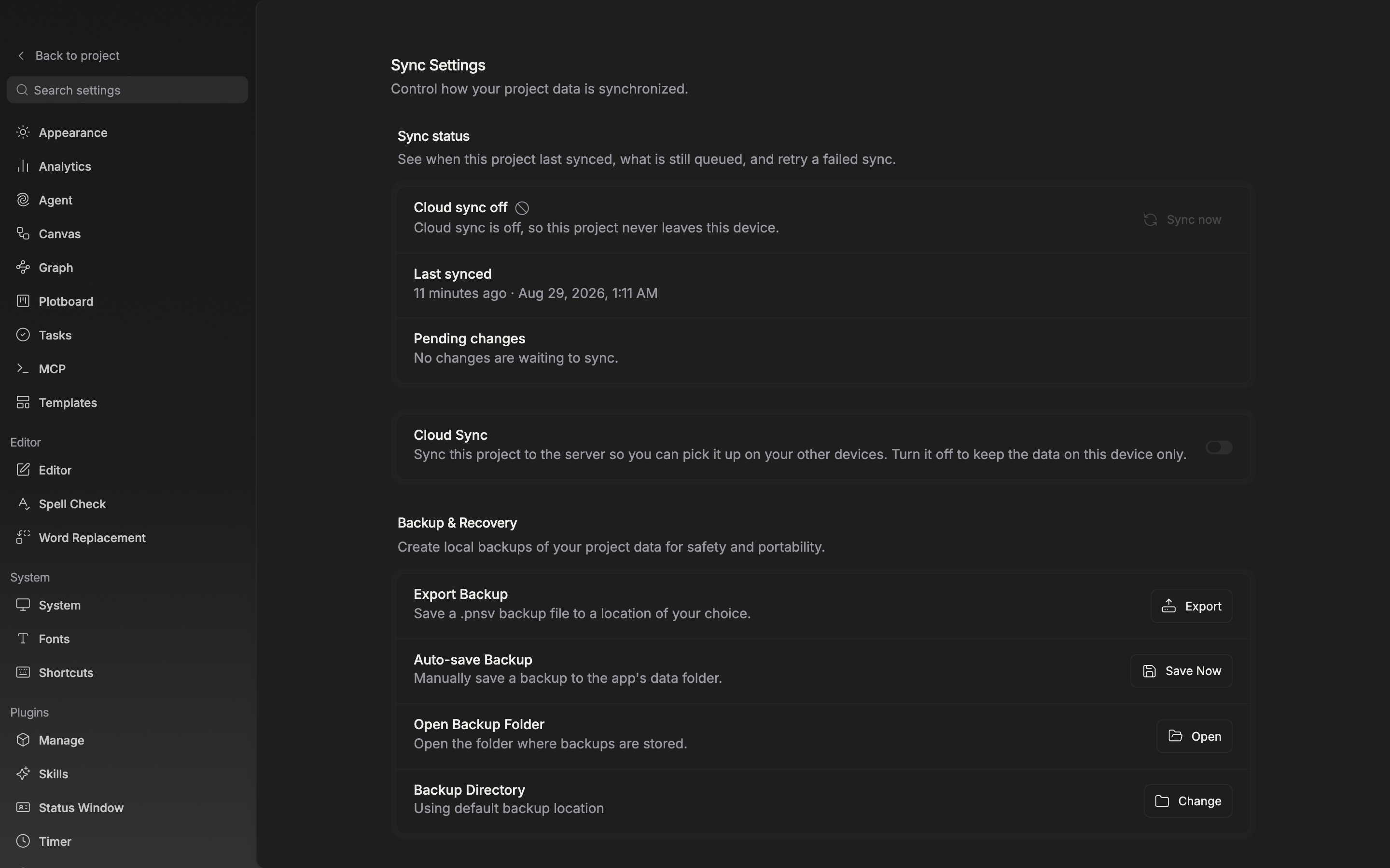 The whole Sync status section. The first row reads Up to date with a green check icon, and the Last synced row shows a relative time and an exact time together. The Pending changes row is uncut.