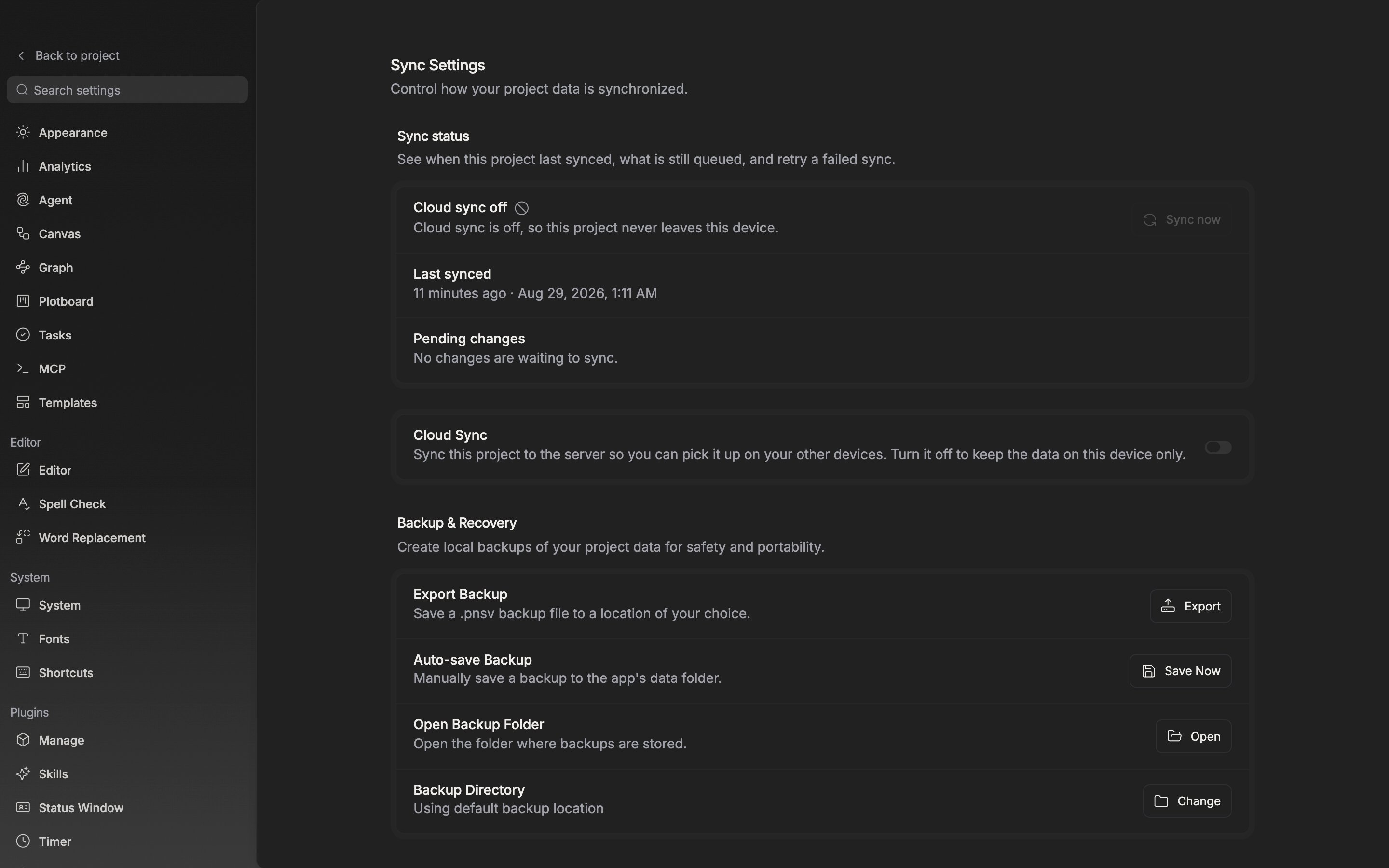 The whole Sync status section. The first row reads Up to date with a green check icon, and the Last synced row shows a relative time and an exact time together. The Pending changes row is uncut.