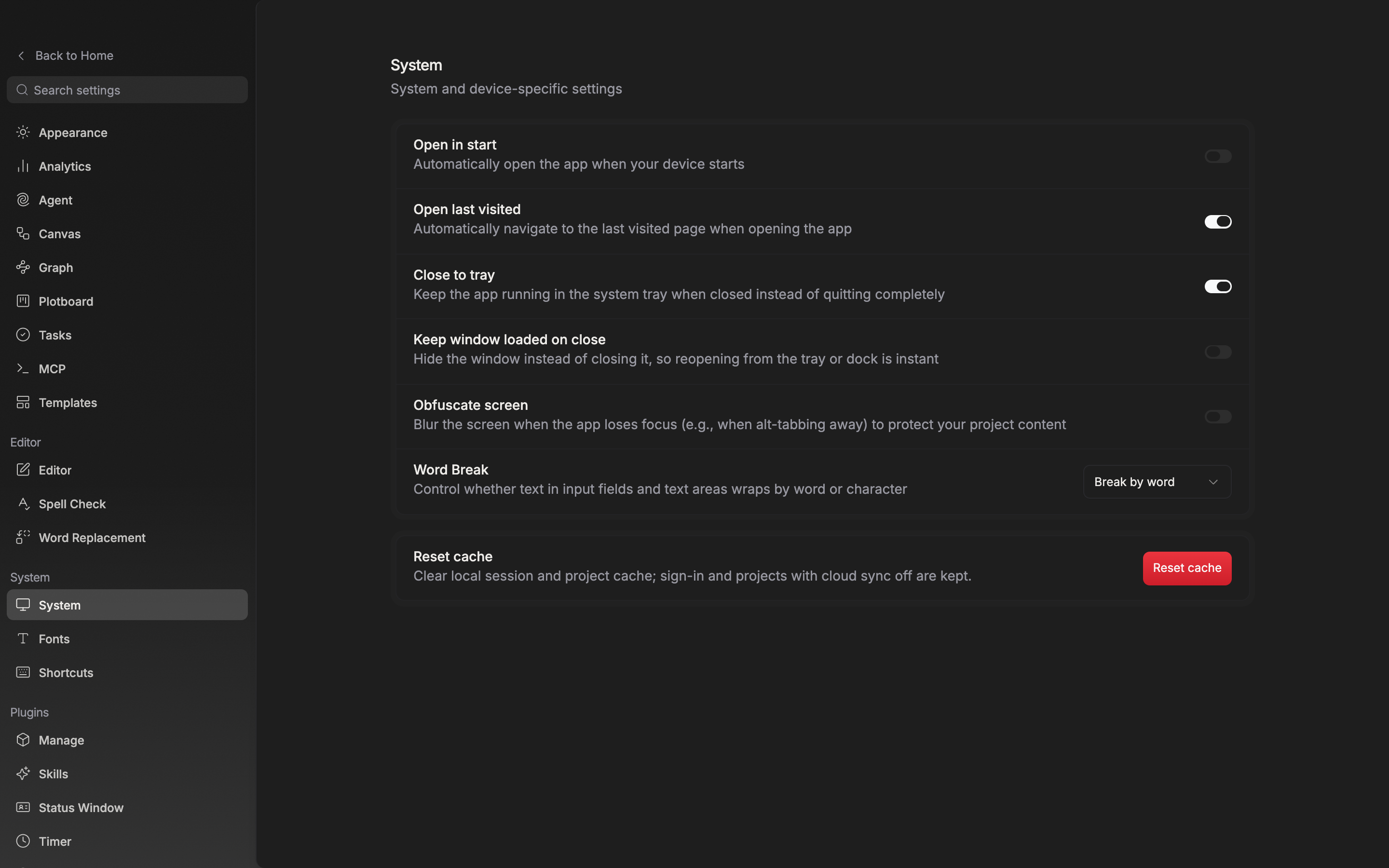The Settings > System screen of the desktop app. The six rows of the upper card, from Open in start through Word Break, and the Reset cache card below are visible together in one screen.