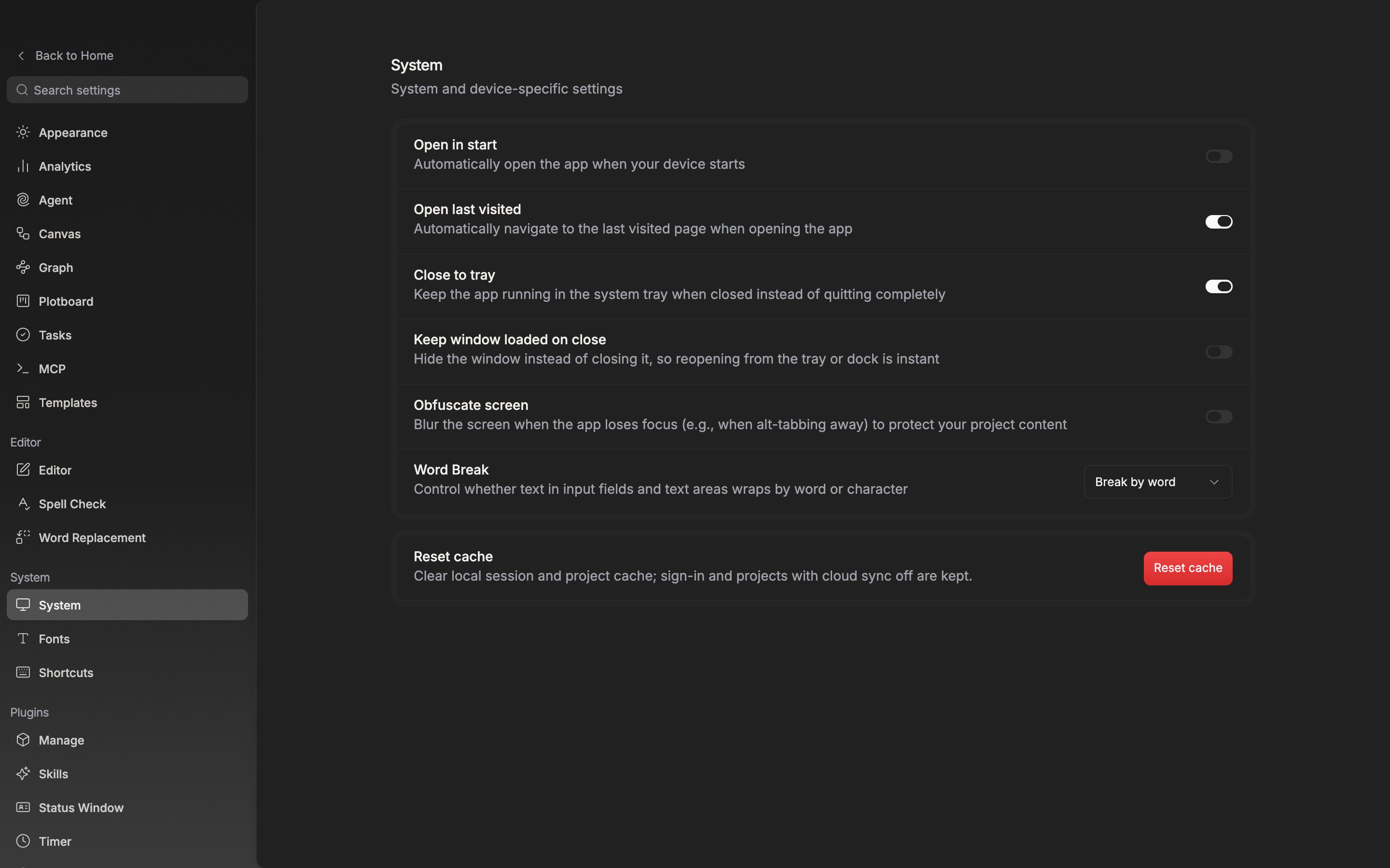 The Settings > System screen of the desktop app. The six rows of the upper card, from Open in start through Word Break, and the Reset cache card below are visible together in one screen.