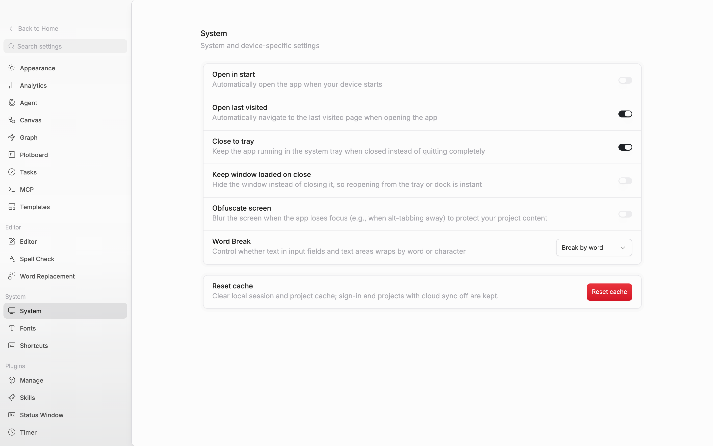 The Settings > System screen of the desktop app. The six rows of the upper card, from Open in start through Word Break, and the Reset cache card below are visible together in one screen.