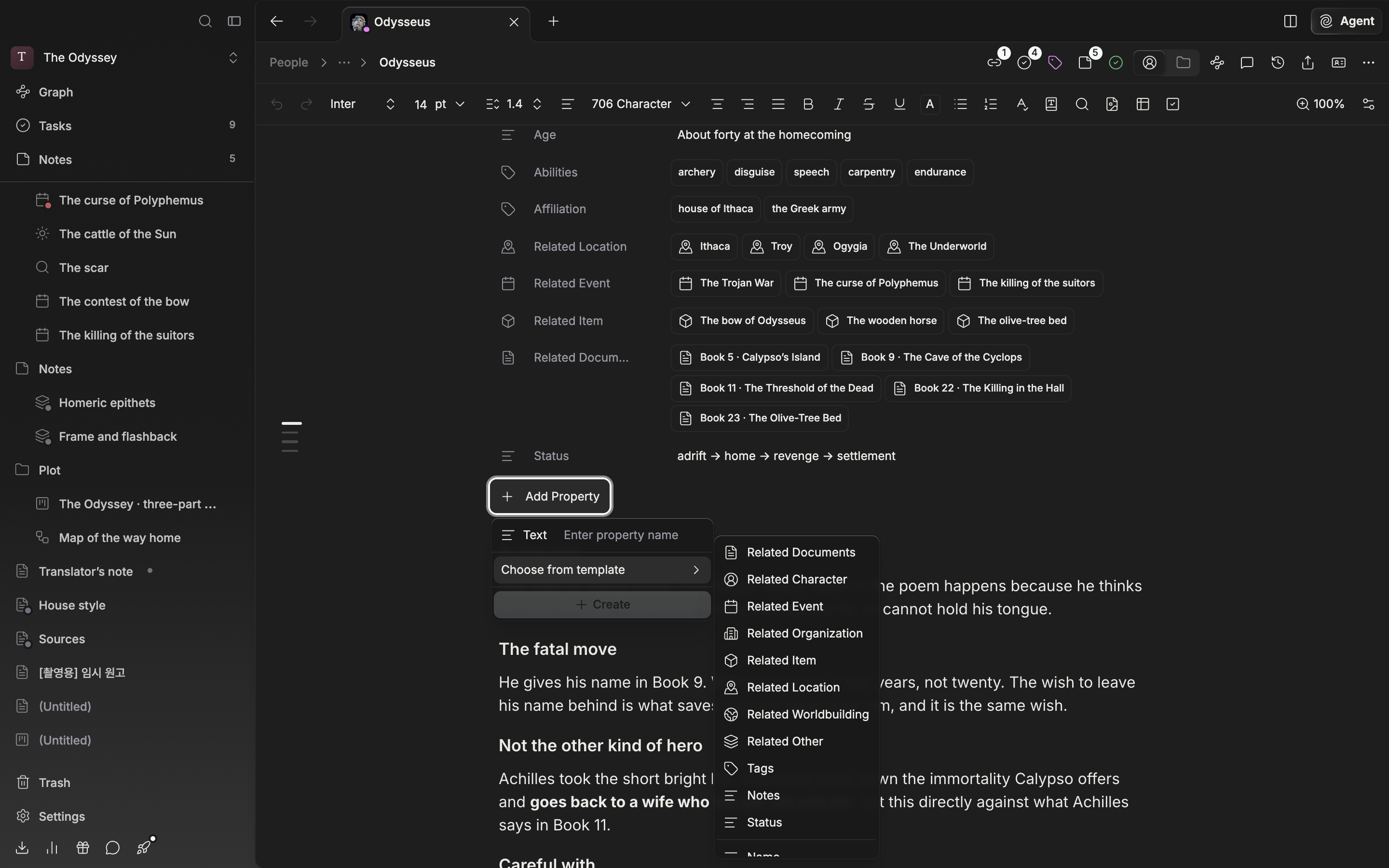 A character sheet with three or four properties filled in, the “Add Property” dropdown open, and the “Choose from template” submenu showing Name, English Name, Title, and so on.
