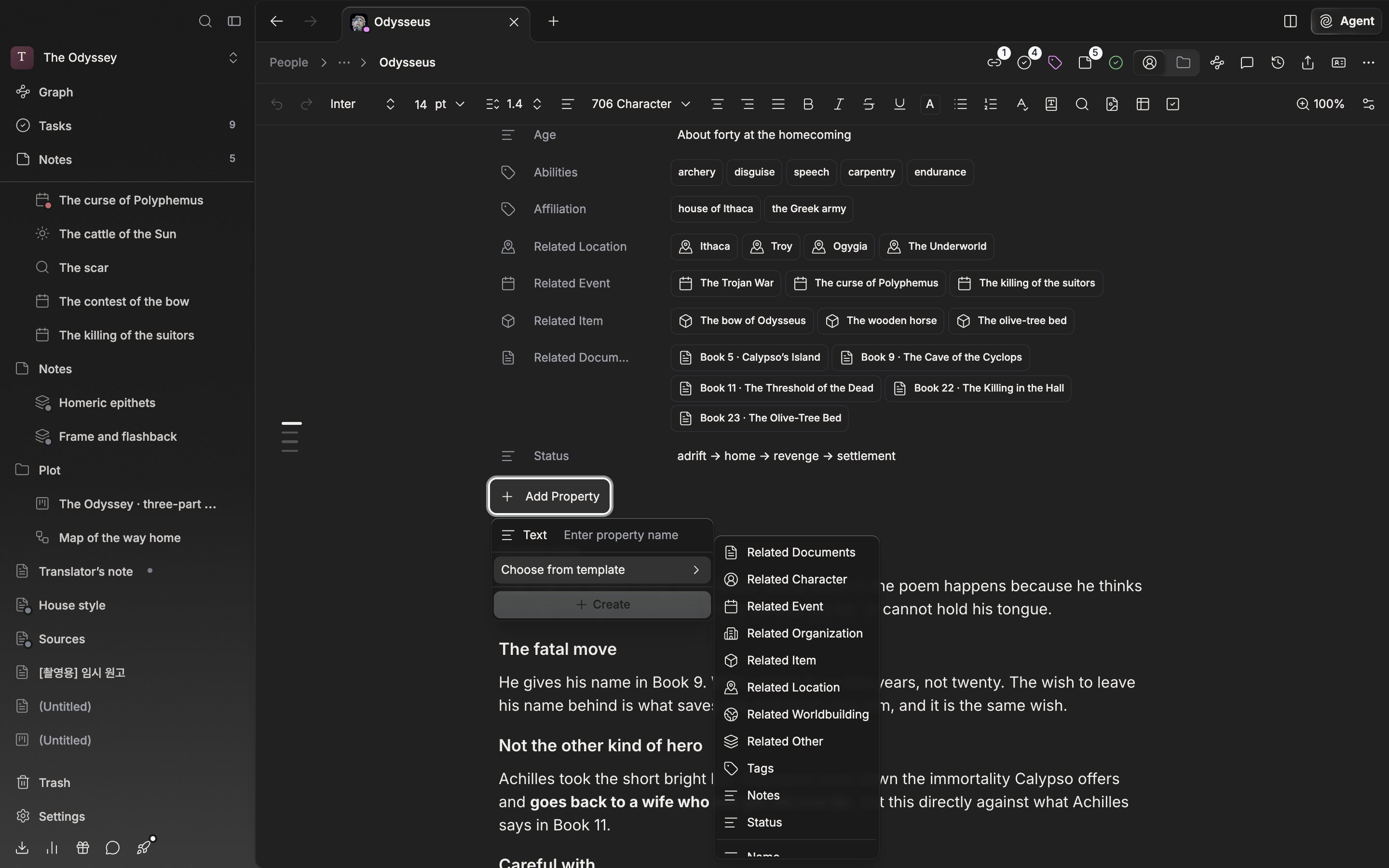 A character sheet with three or four properties filled in, the âAdd Propertyâ dropdown open, and the âChoose from templateâ submenu showing Name, English Name, Title, and so on.