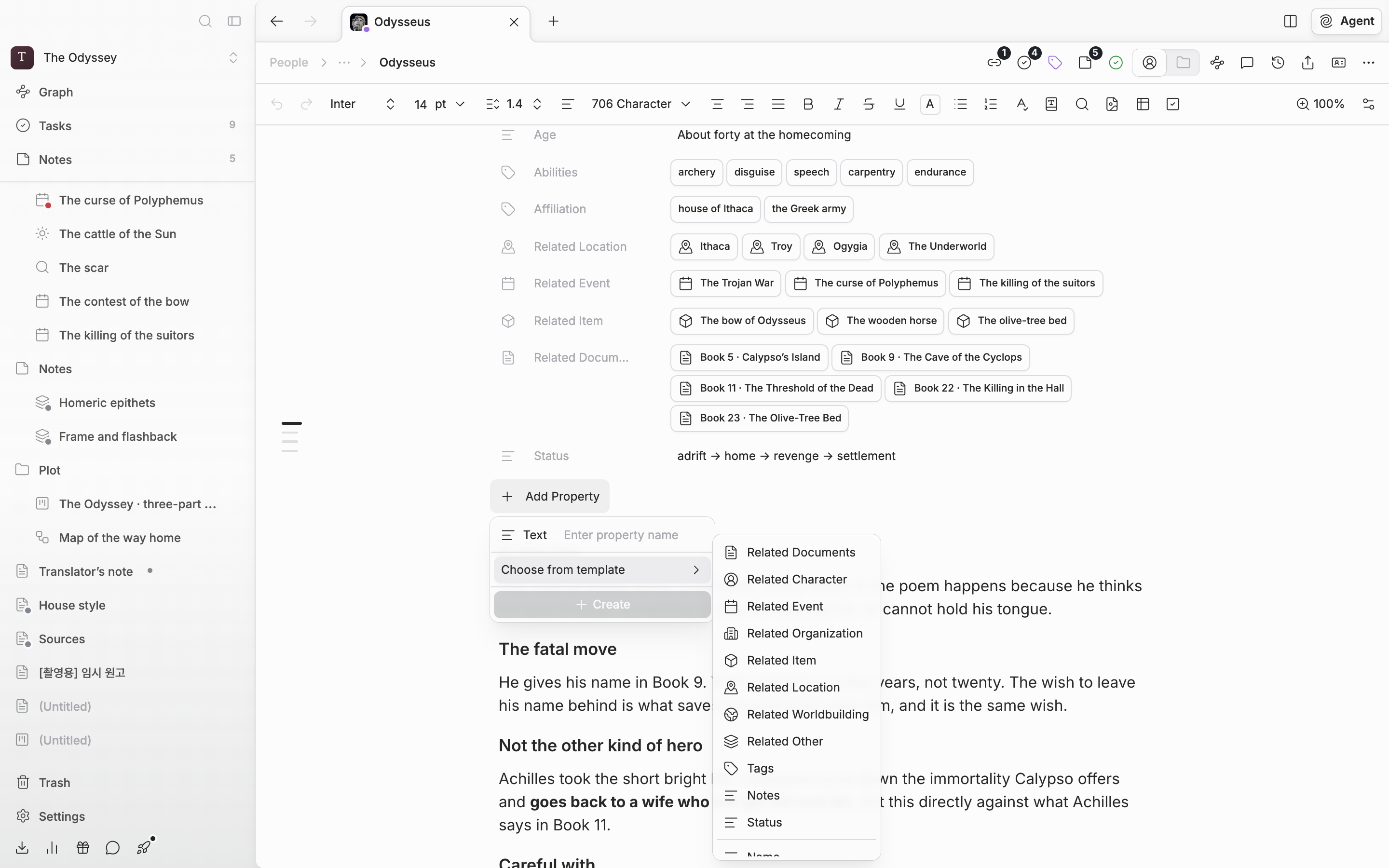 A character sheet with three or four properties filled in, the “Add Property” dropdown open, and the “Choose from template” submenu showing Name, English Name, Title, and so on.