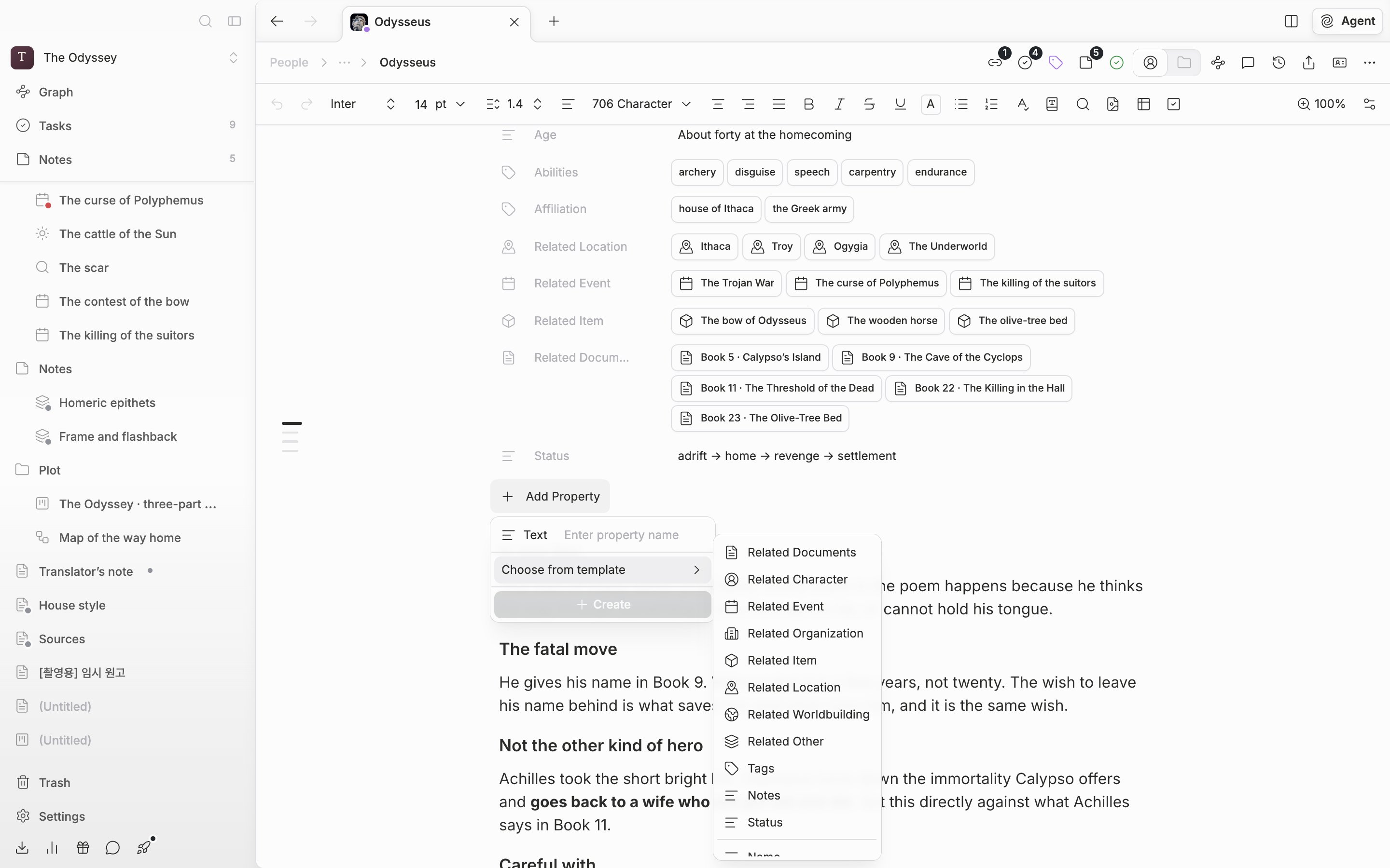 A character sheet with three or four properties filled in, the âAdd Propertyâ dropdown open, and the âChoose from templateâ submenu showing Name, English Name, Title, and so on.