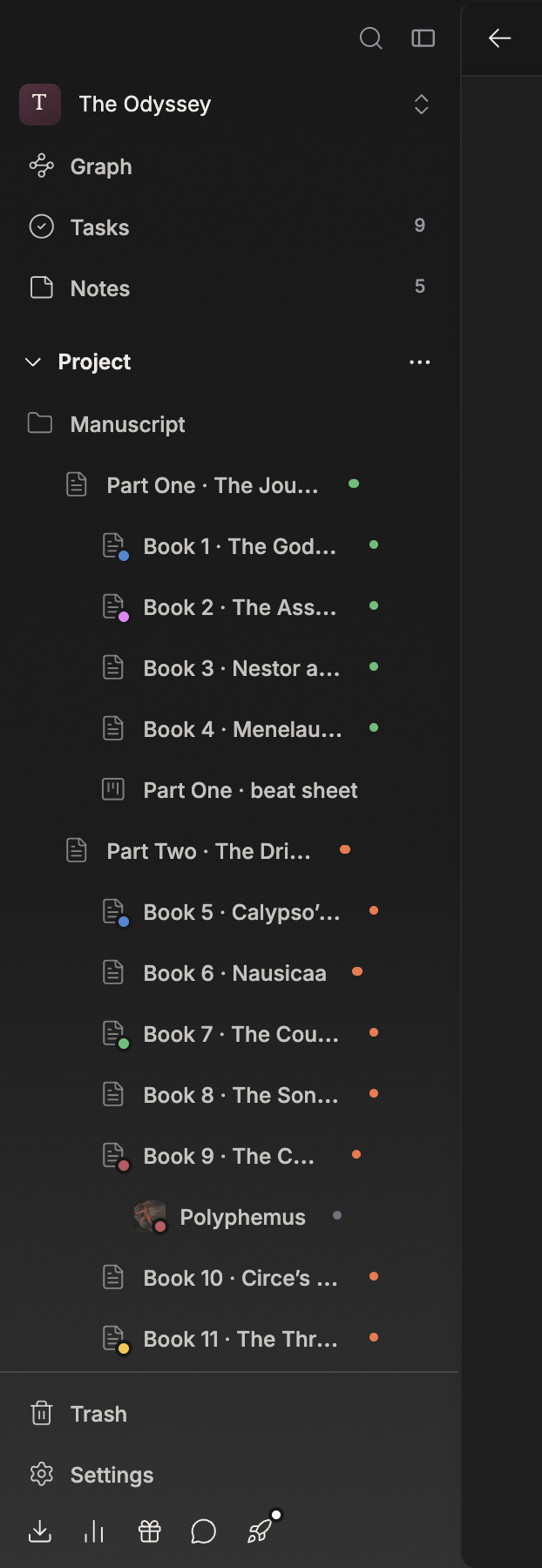 The sidebar alone. From the top: the project name; Search, Graph, Tasks, and Notes (Tasks and Notes with number badges); the Bookmarks section; the Project section with the file tree below it; and Trash and Settings at the bottom — all in one screen.
