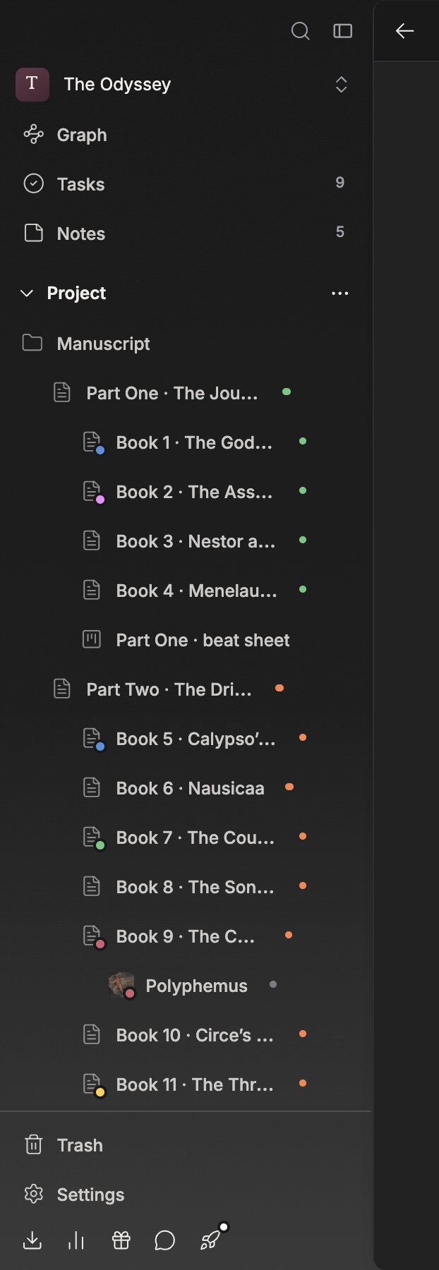 The sidebar alone. From the top: the project name; Search, Graph, Tasks, and Notes (Tasks and Notes with number badges); the Bookmarks section; the Project section with the file tree below it; and Trash and Settings at the bottom — all in one screen.