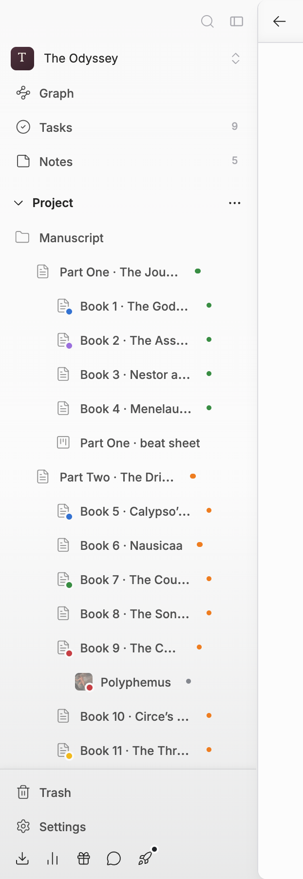 The sidebar alone. From the top: the project name; Search, Graph, Tasks, and Notes (Tasks and Notes with number badges); the Bookmarks section; the Project section with the file tree below it; and Trash and Settings at the bottom — all in one screen.