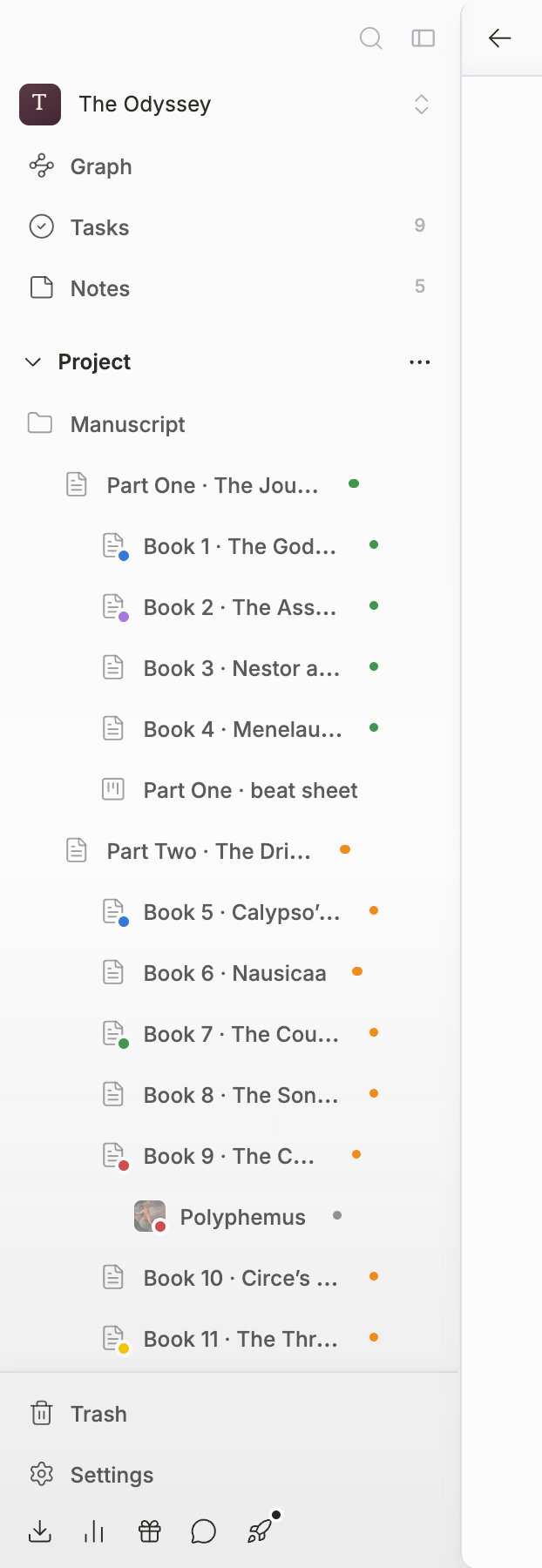 The sidebar alone. From the top: the project name; Search, Graph, Tasks, and Notes (Tasks and Notes with number badges); the Bookmarks section; the Project section with the file tree below it; and Trash and Settings at the bottom — all in one screen.