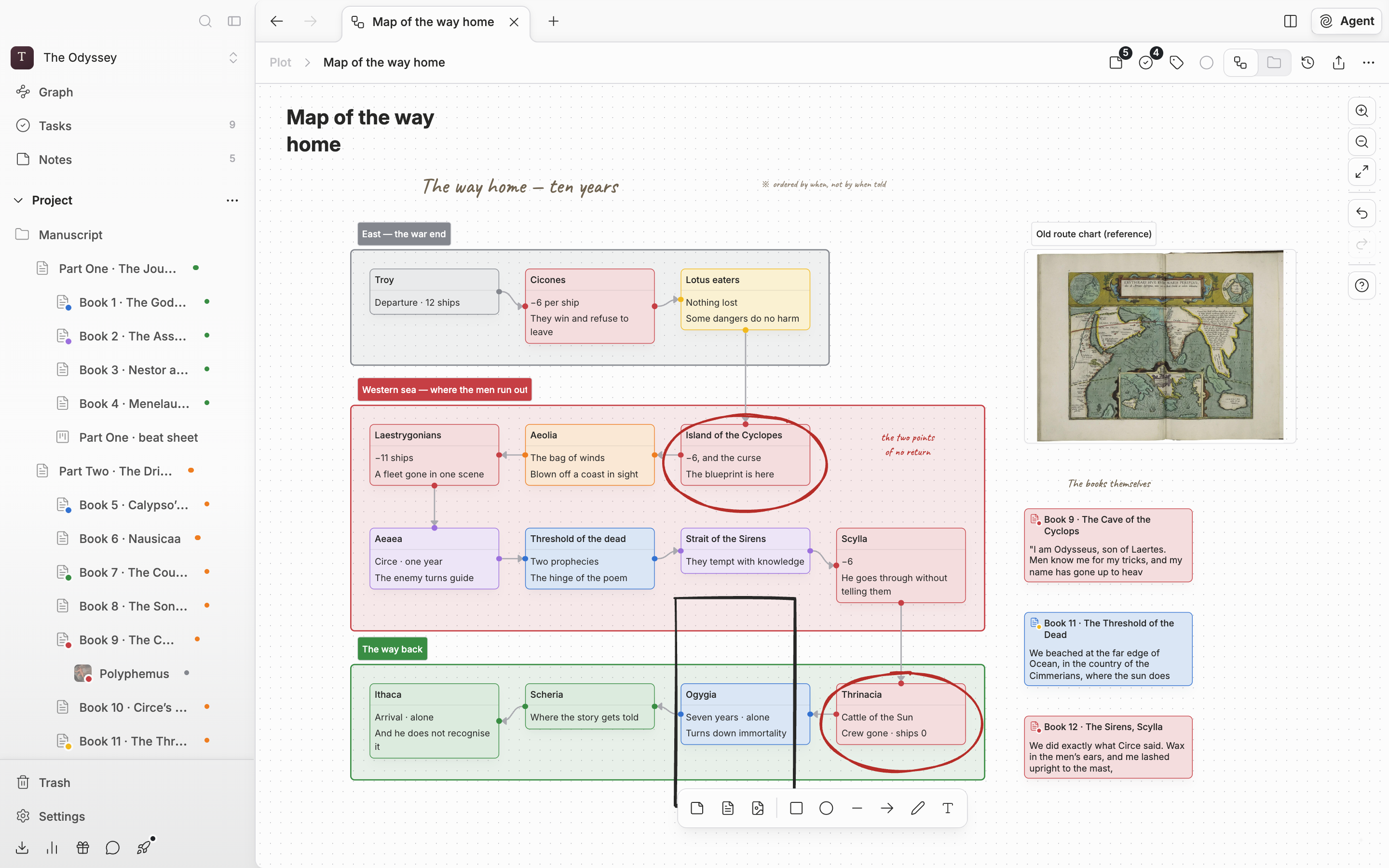 A canvas with three or four note cards and one file card joined by lines. The toolbar at the bottom and the vertical button strip on the right are both visible.