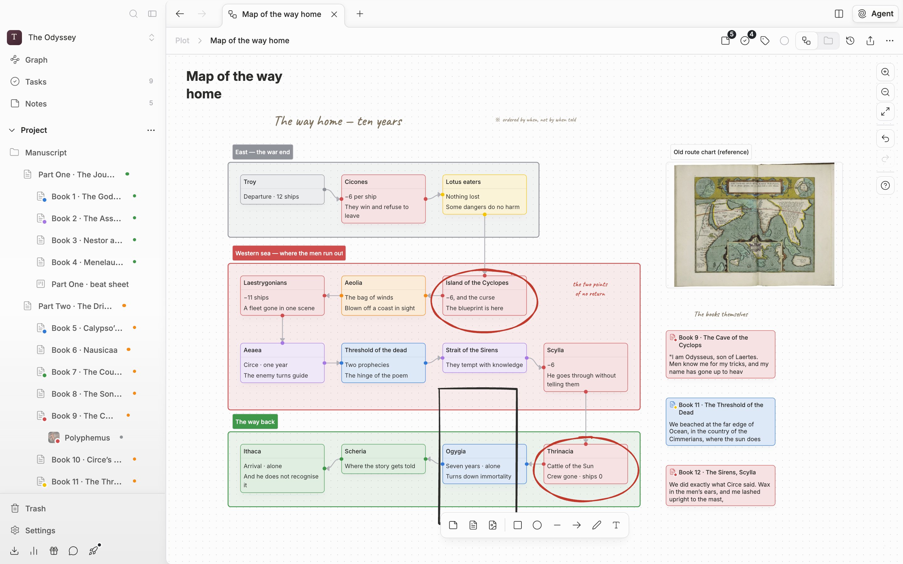 A canvas with three or four note cards and one file card joined by lines. The toolbar at the bottom and the vertical button strip on the right are both visible.