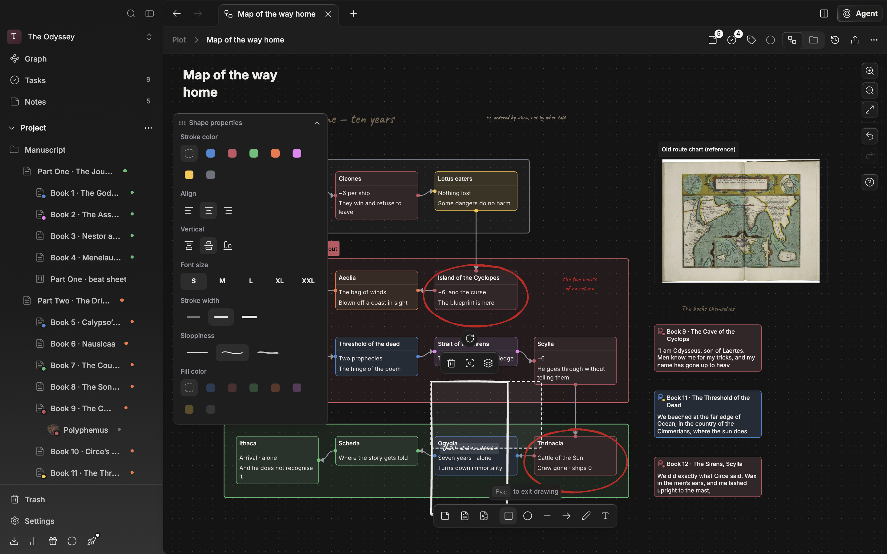 The rectangle tool is pressed in the toolbar and a drag is under way on the canvas, so a dashed preview is showing, and the “Esc to exit drawing” hint is visible just above the toolbar.