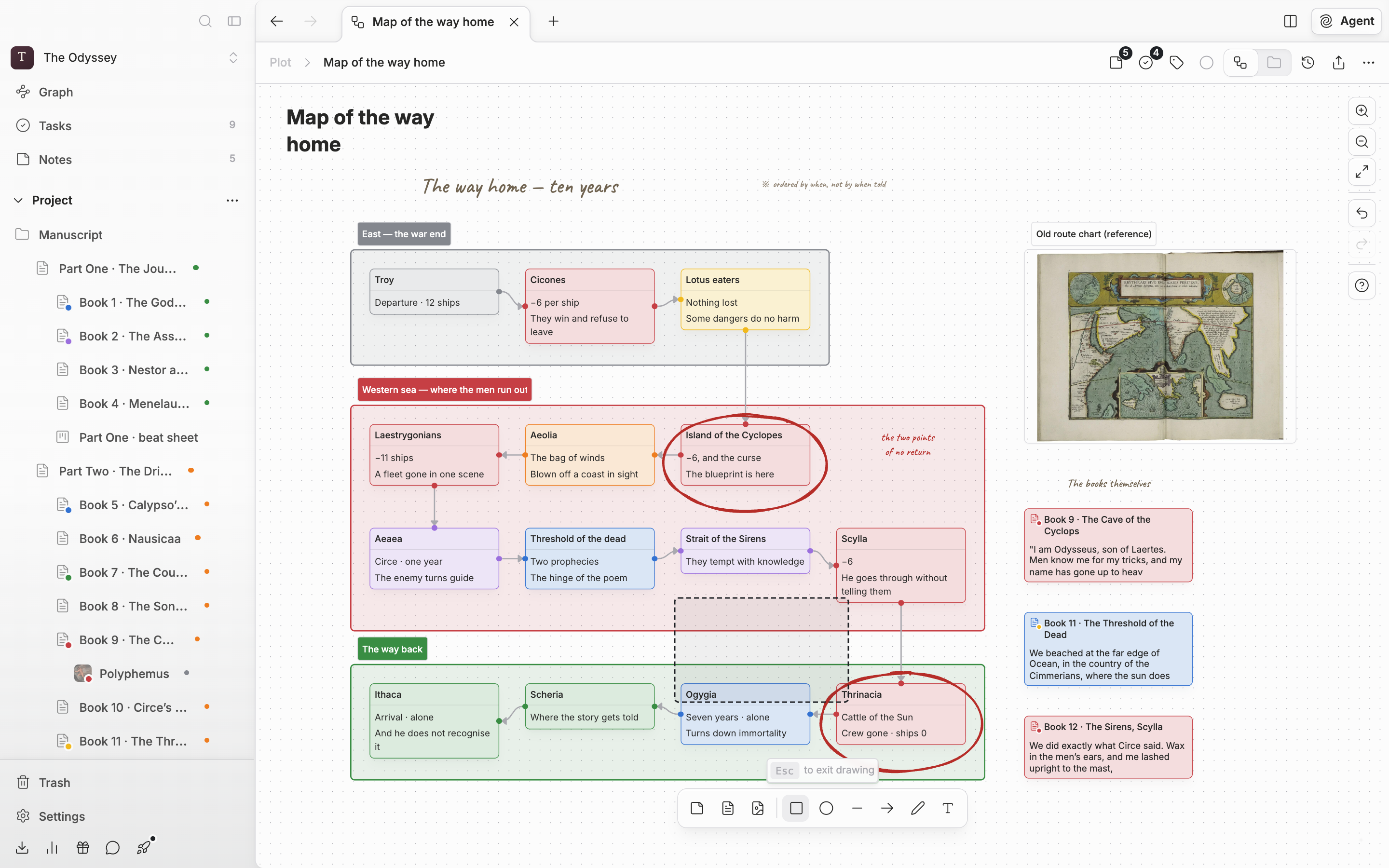 The rectangle tool is pressed in the toolbar and a drag is under way on the canvas, so a dashed preview is showing, and the “Esc to exit drawing” hint is visible just above the toolbar.