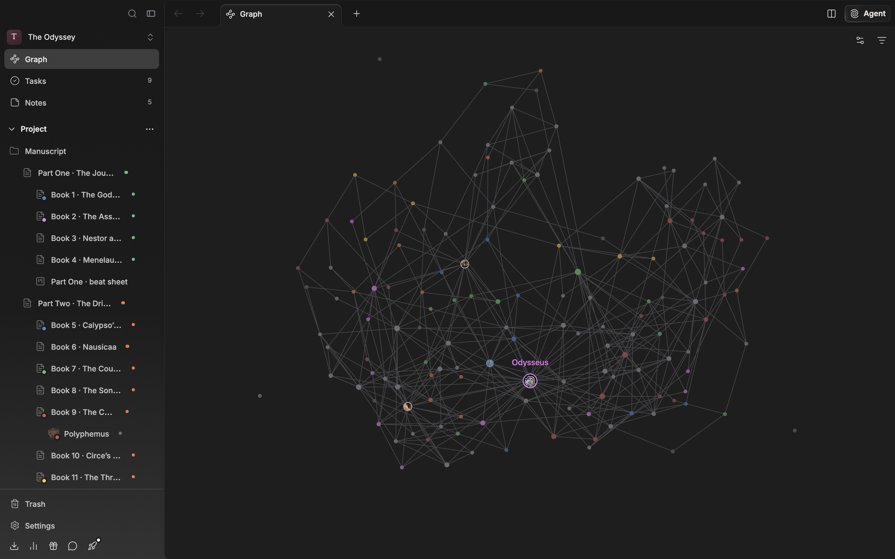 About twenty nodes have settled into place, and the cursor rests on a heavily connected sheet node, so that node, its neighbors, and their edges are bright while the rest are dimmed. The gear and funnel icons at the top right are inside the frame.