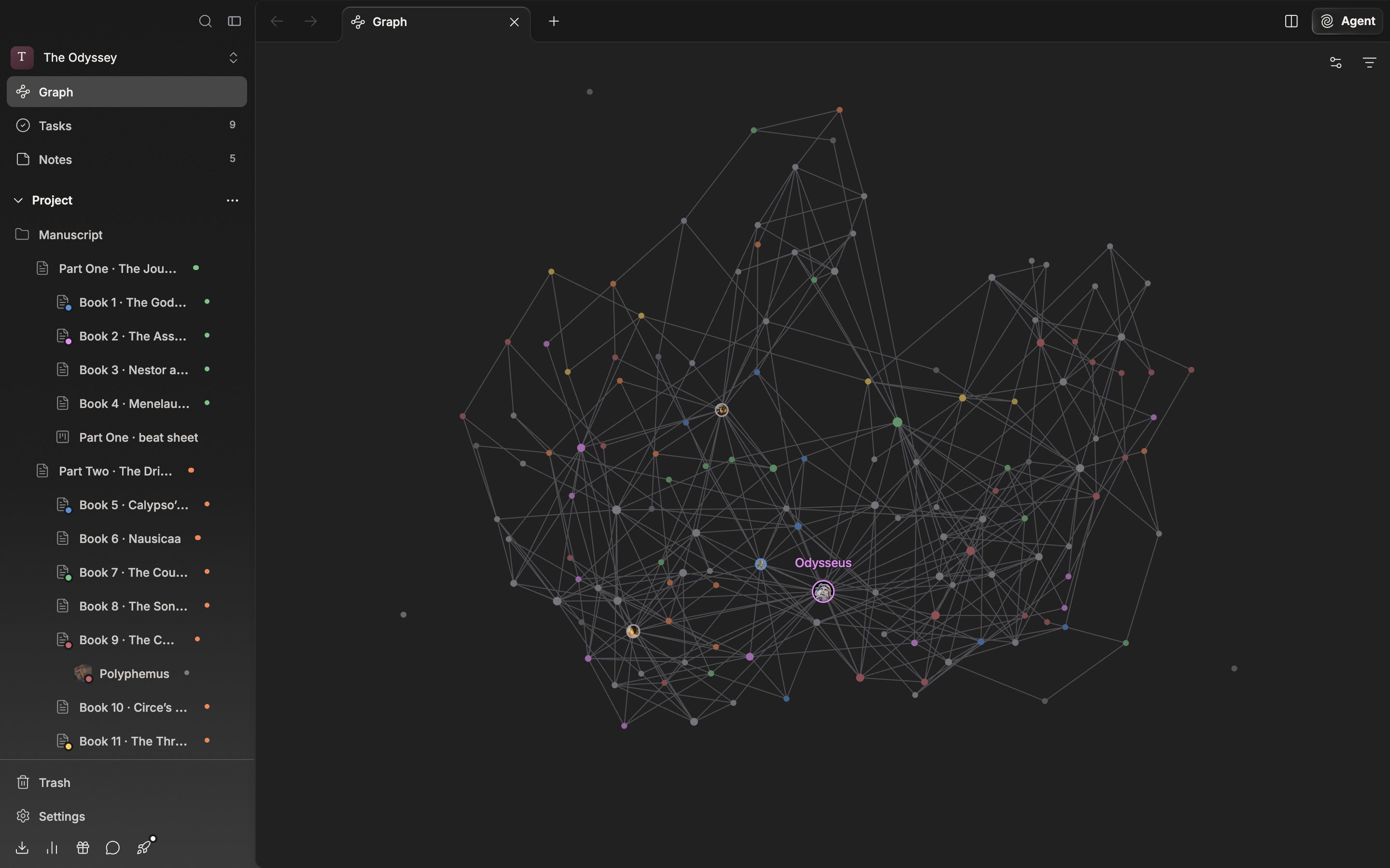 About twenty nodes have settled into place, and the cursor rests on a heavily connected sheet node, so that node, its neighbors, and their edges are bright while the rest are dimmed. The gear and funnel icons at the top right are inside the frame.