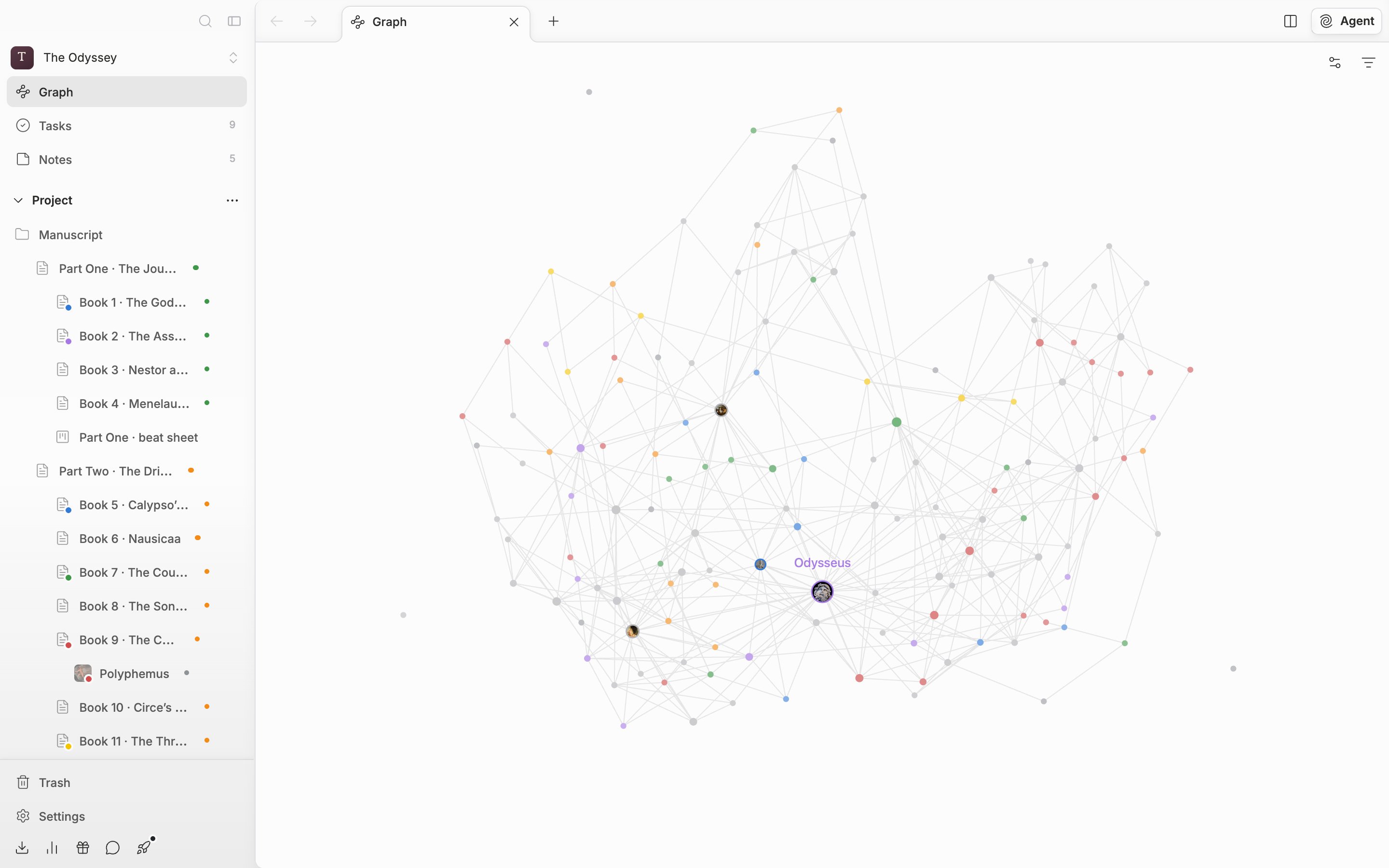 About twenty nodes have settled into place, and the cursor rests on a heavily connected sheet node, so that node, its neighbors, and their edges are bright while the rest are dimmed. The gear and funnel icons at the top right are inside the frame.