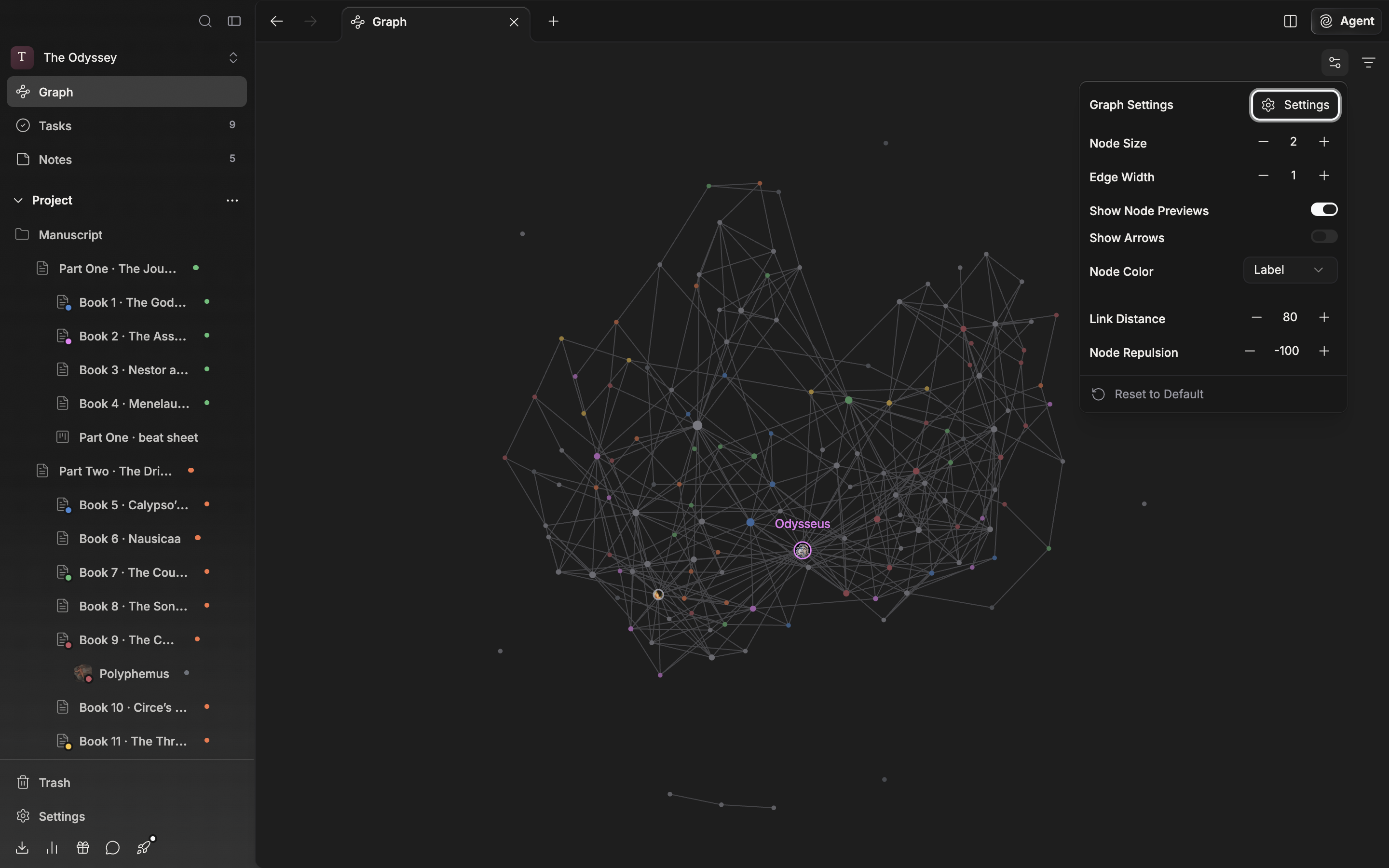 The gear at the top right has been clicked and the graph settings popover is open. Node Size, Edge Width, Show Node Previews, Show Arrows, Node Color, Link Distance, and Node Repulsion are all visible in one screen, and “Reset to Default” at the bottom is not cut off.