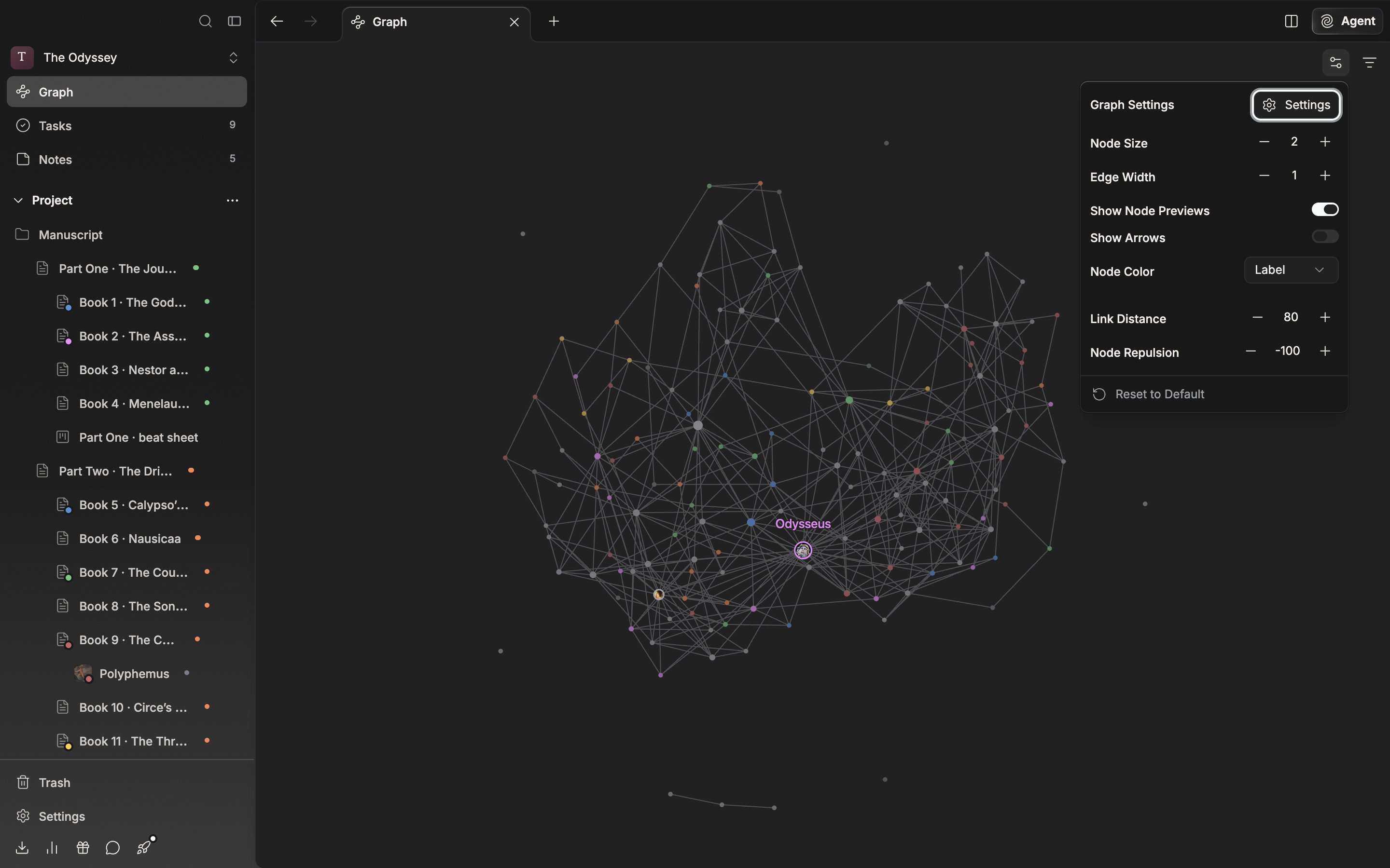 The gear at the top right has been clicked and the graph settings popover is open. Node Size, Edge Width, Show Node Previews, Show Arrows, Node Color, Link Distance, and Node Repulsion are all visible in one screen, and “Reset to Default” at the bottom is not cut off.