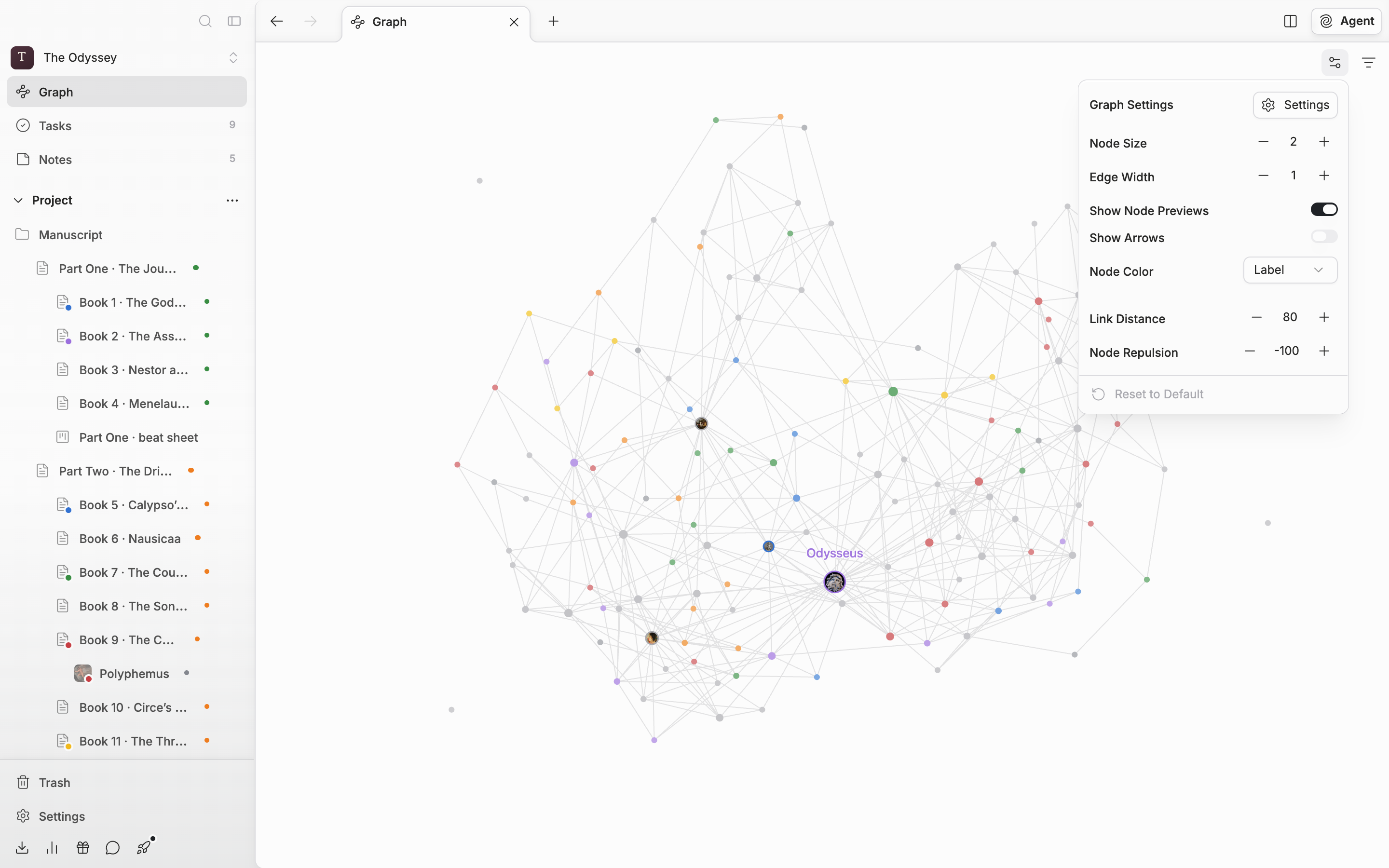 The gear at the top right has been clicked and the graph settings popover is open. Node Size, Edge Width, Show Node Previews, Show Arrows, Node Color, Link Distance, and Node Repulsion are all visible in one screen, and “Reset to Default” at the bottom is not cut off.