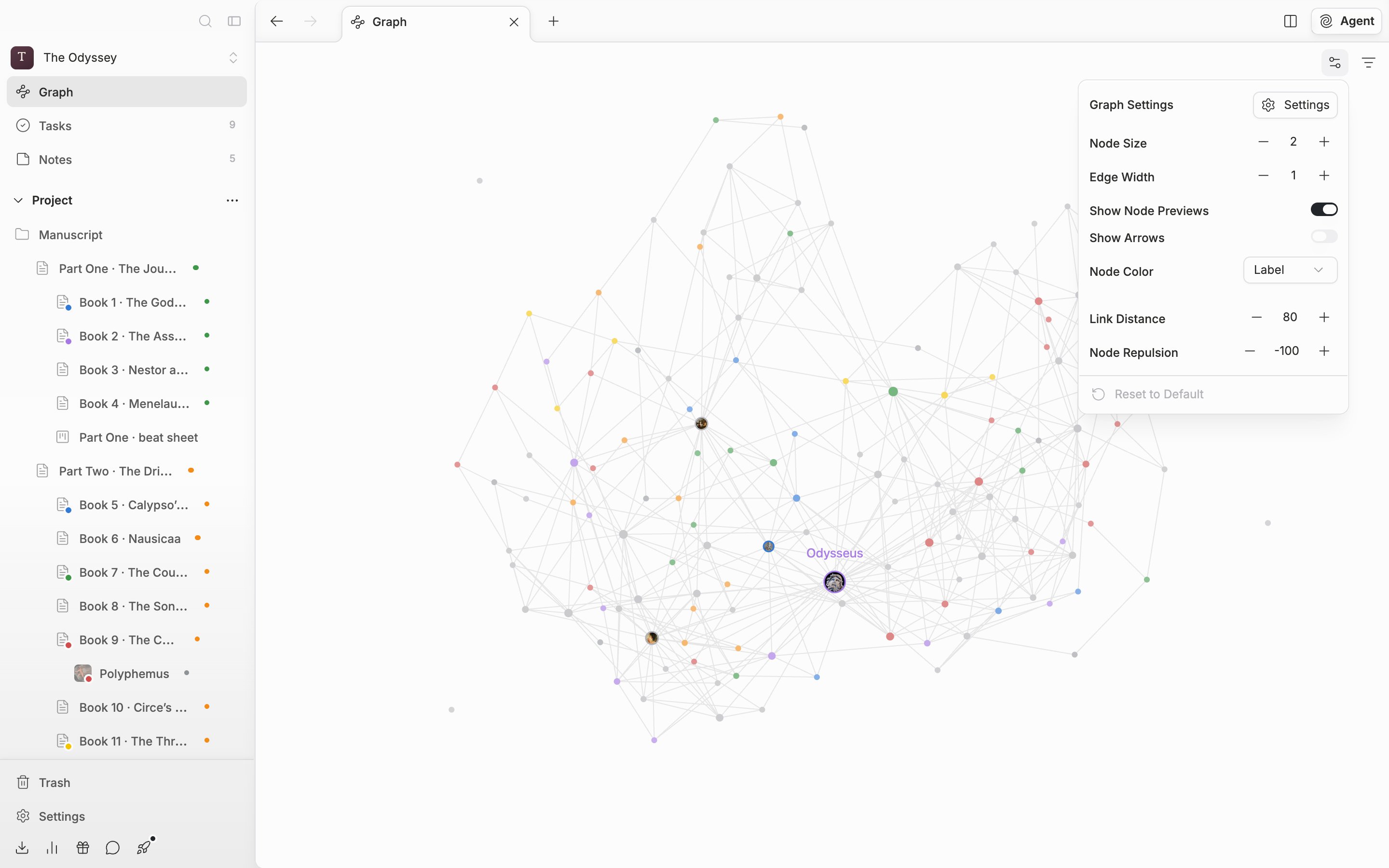 The gear at the top right has been clicked and the graph settings popover is open. Node Size, Edge Width, Show Node Previews, Show Arrows, Node Color, Link Distance, and Node Repulsion are all visible in one screen, and “Reset to Default” at the bottom is not cut off.