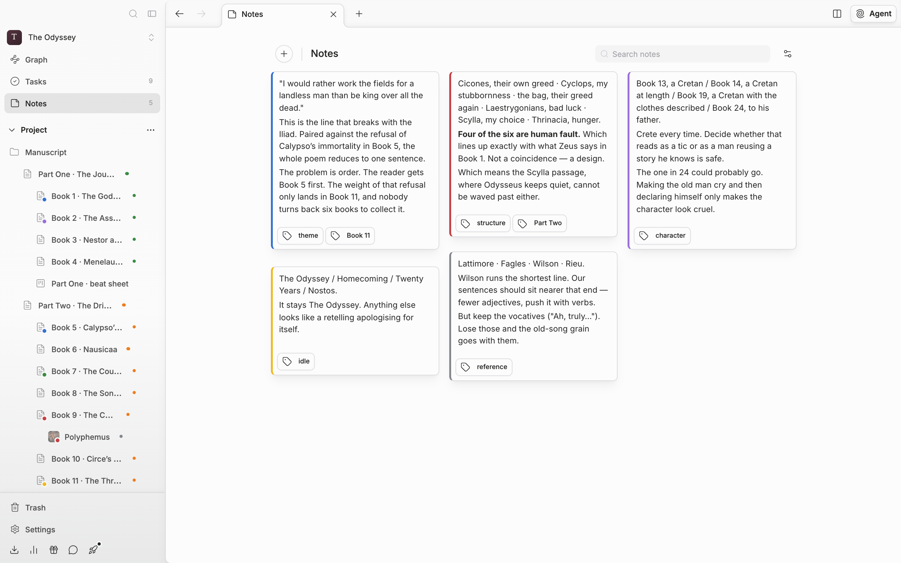 A board with six or seven note cards stacked like bricks. Cards with a color stripe and cards with tags are mixed together, with the + button and the “Notes” heading at the top left and the search field at the top right.