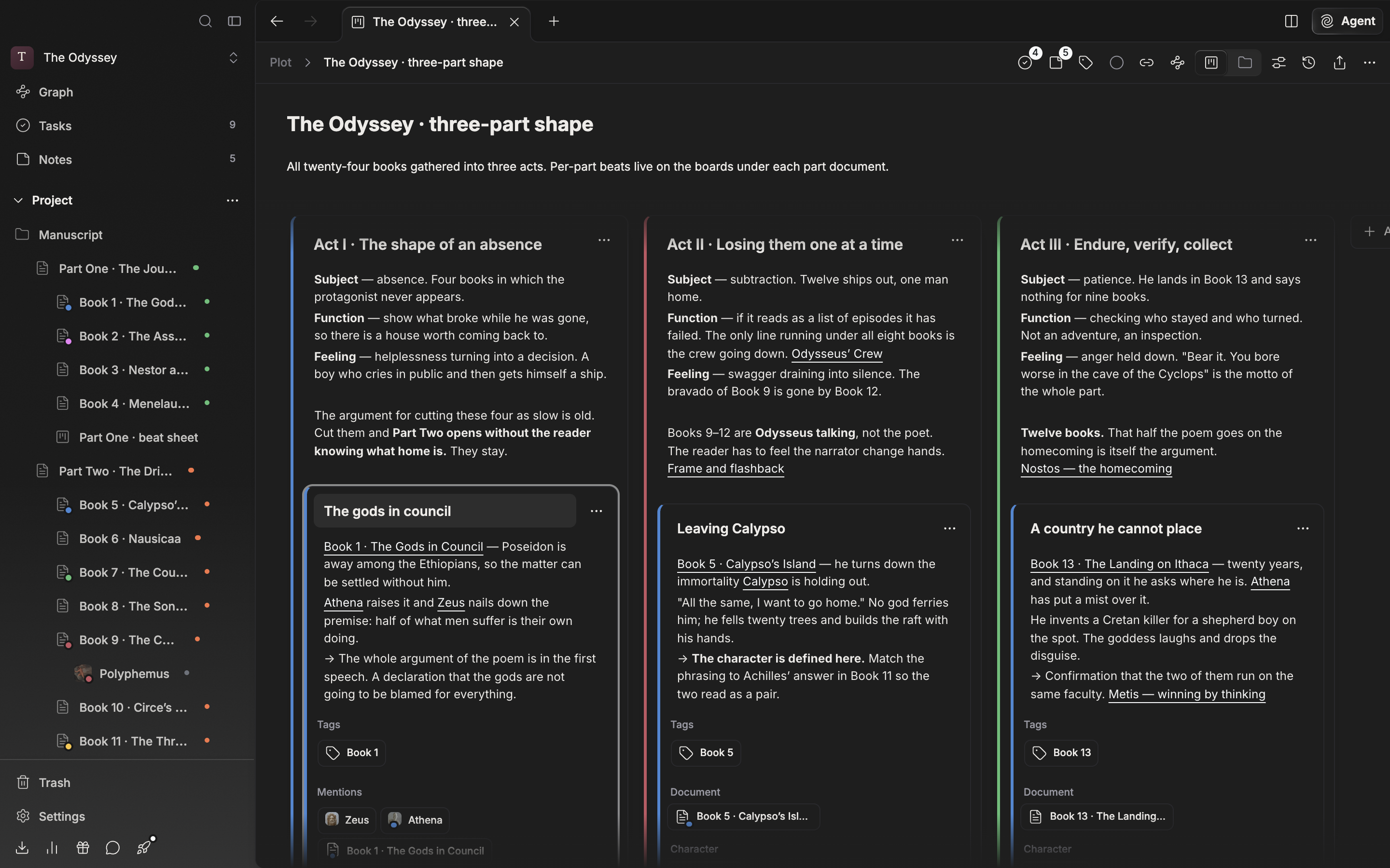 One part card is expanded in its editing state, with the “Tags” and “Mentions” labels visible and one or two document and sheet badges attached in the mentions field.