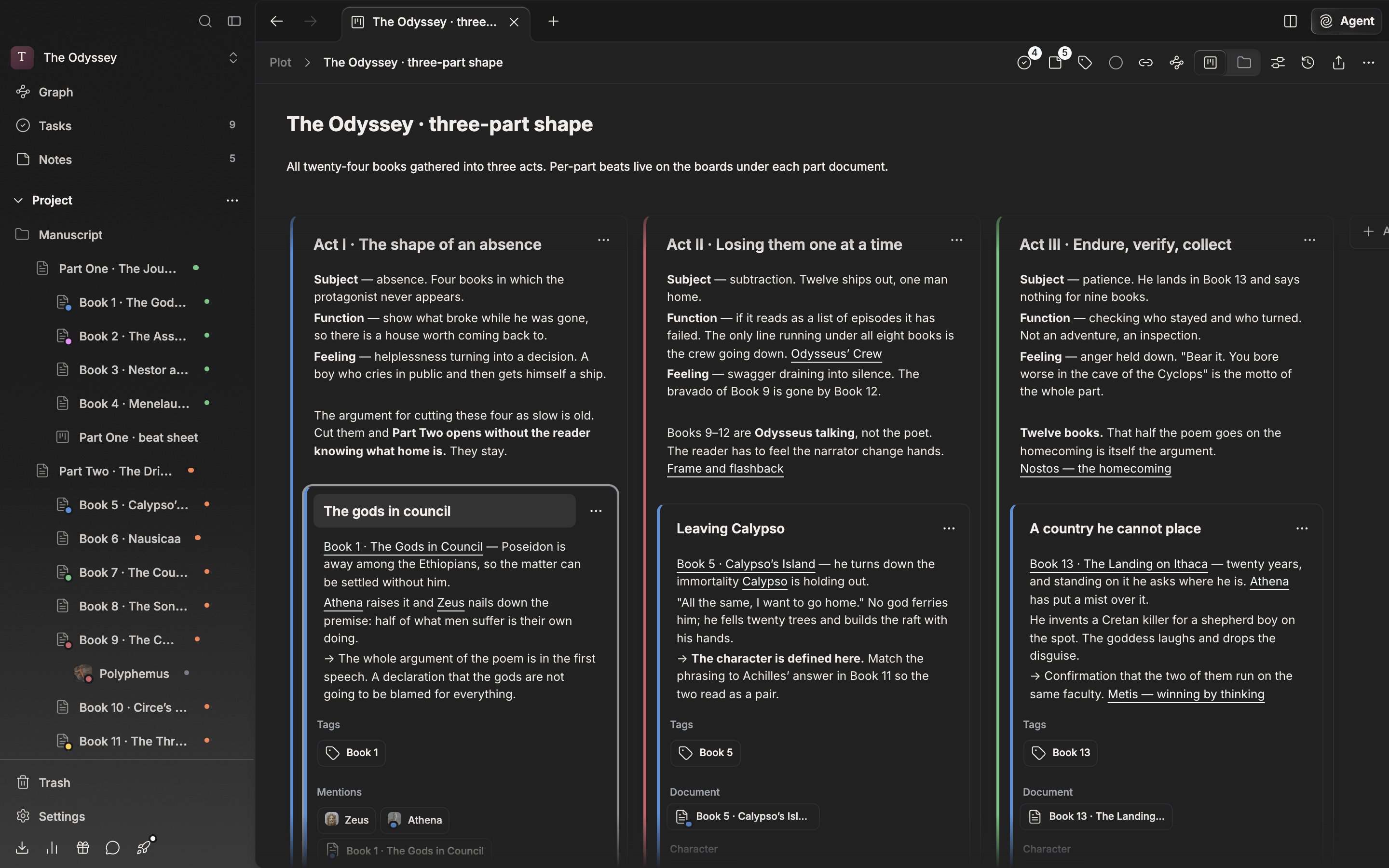 One part card is expanded in its editing state, with the âTagsâ and âMentionsâ labels visible and one or two document and sheet badges attached in the mentions field.
