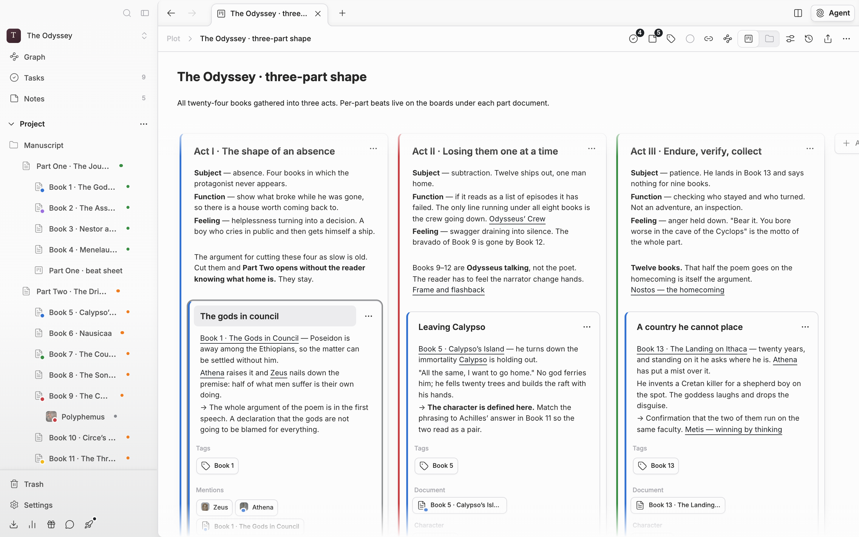 One part card is expanded in its editing state, with the “Tags” and “Mentions” labels visible and one or two document and sheet badges attached in the mentions field.