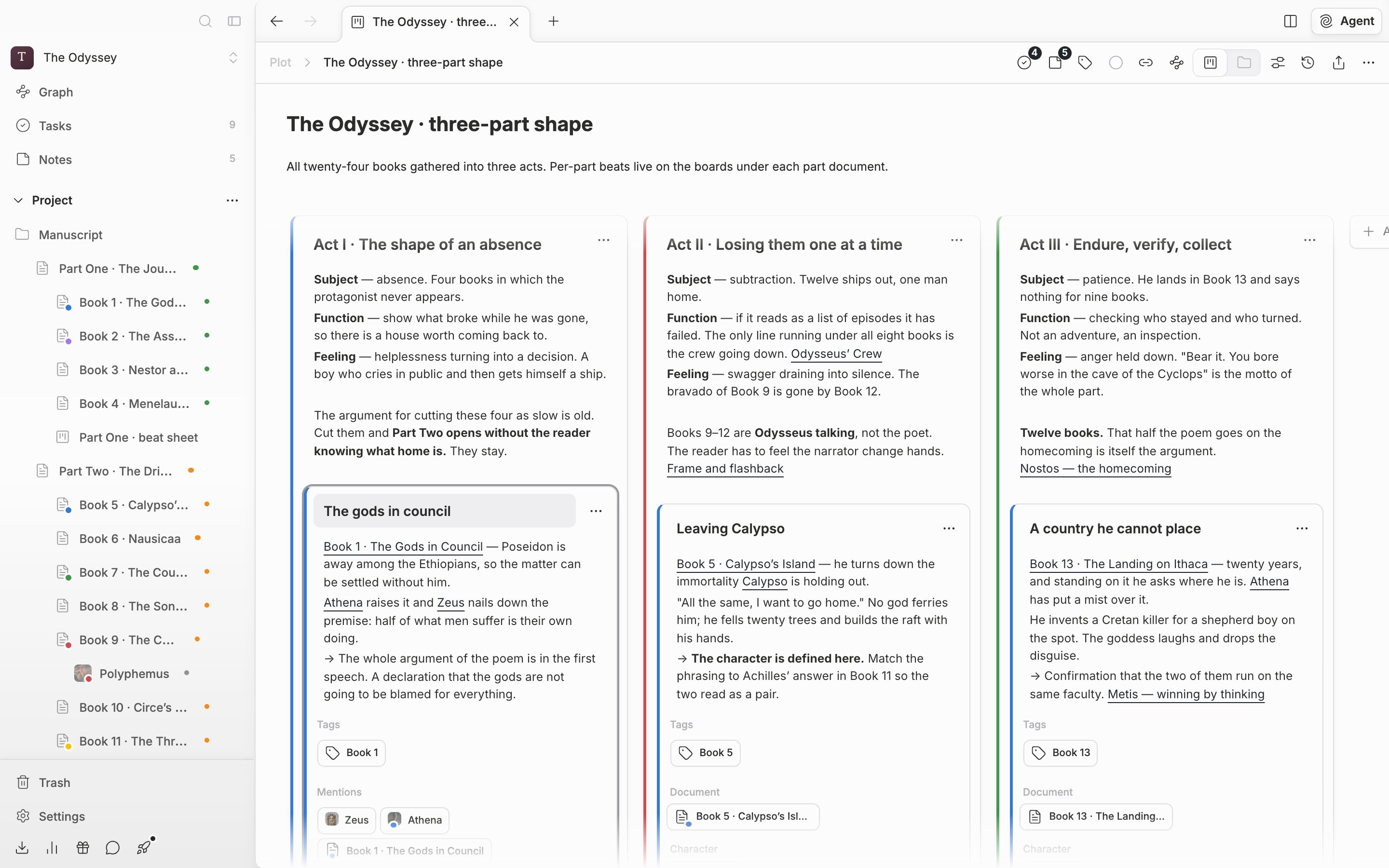 One part card is expanded in its editing state, with the âTagsâ and âMentionsâ labels visible and one or two document and sheet badges attached in the mentions field.