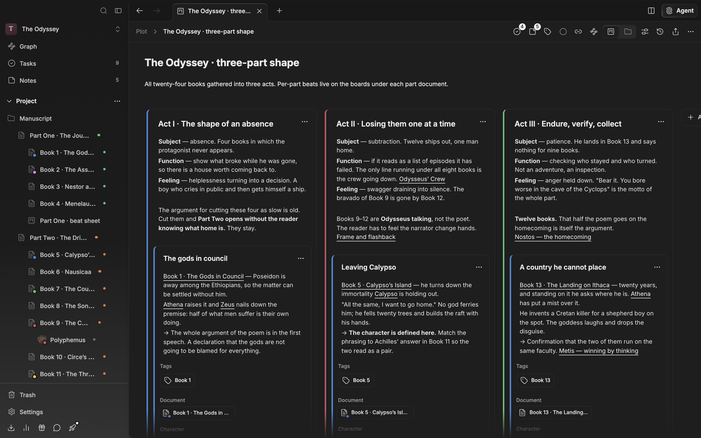 The default screen with a plotboard open (file view). All three layers — header, title and description, card board — fit into one frame from top to bottom. On the card board, plot cards run horizontally with part cards stacked inside them.