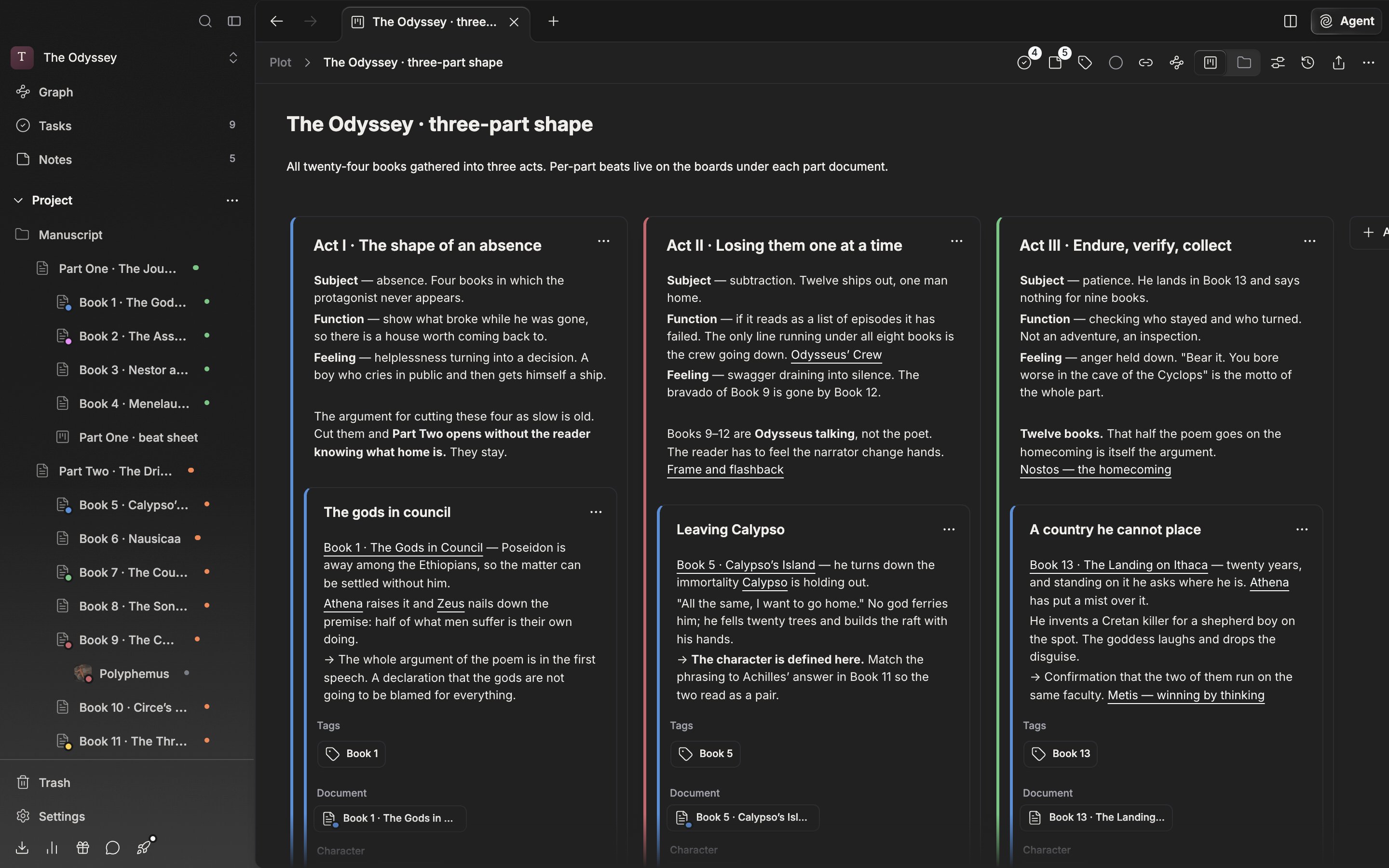 The default screen with a plotboard open (file view). All three layers — header, title and description, card board — fit into one frame from top to bottom. On the card board, plot cards run horizontally with part cards stacked inside them.