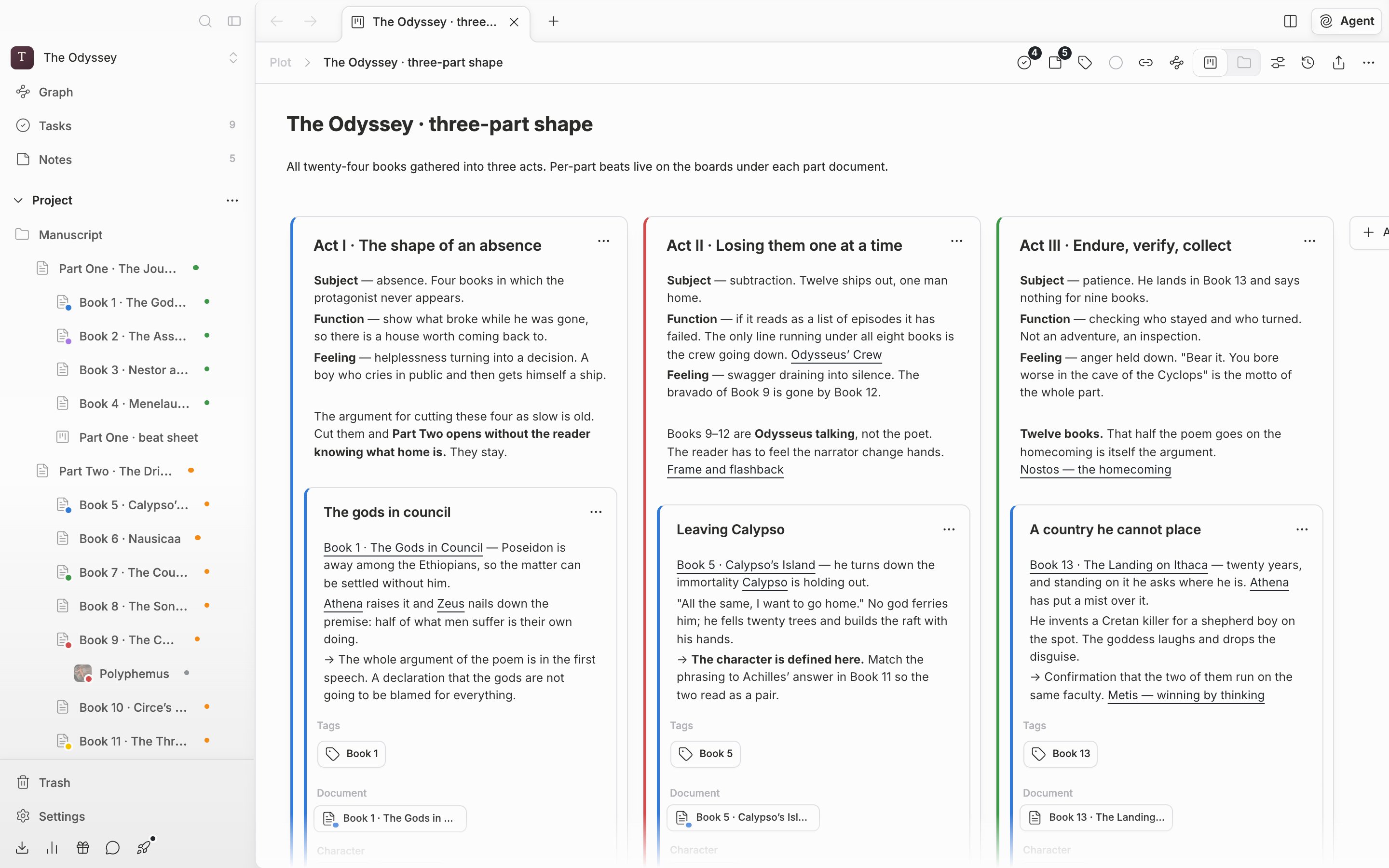 The default screen with a plotboard open (file view). All three layers — header, title and description, card board — fit into one frame from top to bottom. On the card board, plot cards run horizontally with part cards stacked inside them.