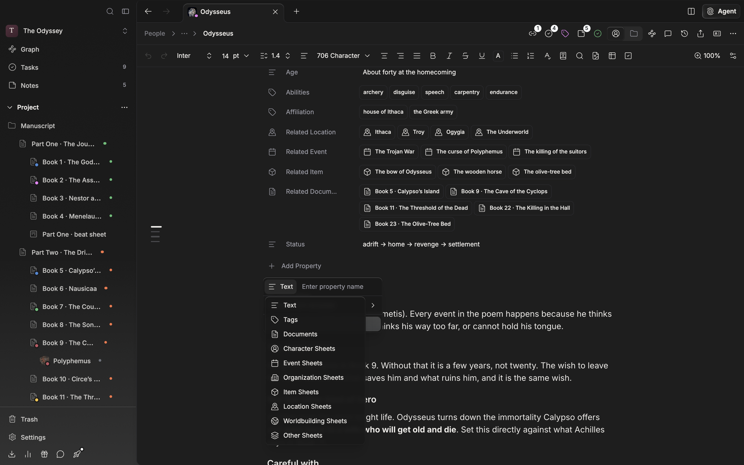 The “Add Property” dropdown is open on a character sheet, and the type button's submenu shows Text, Tags, Documents, and the per-category entries such as Character Sheets and Event Sheets.