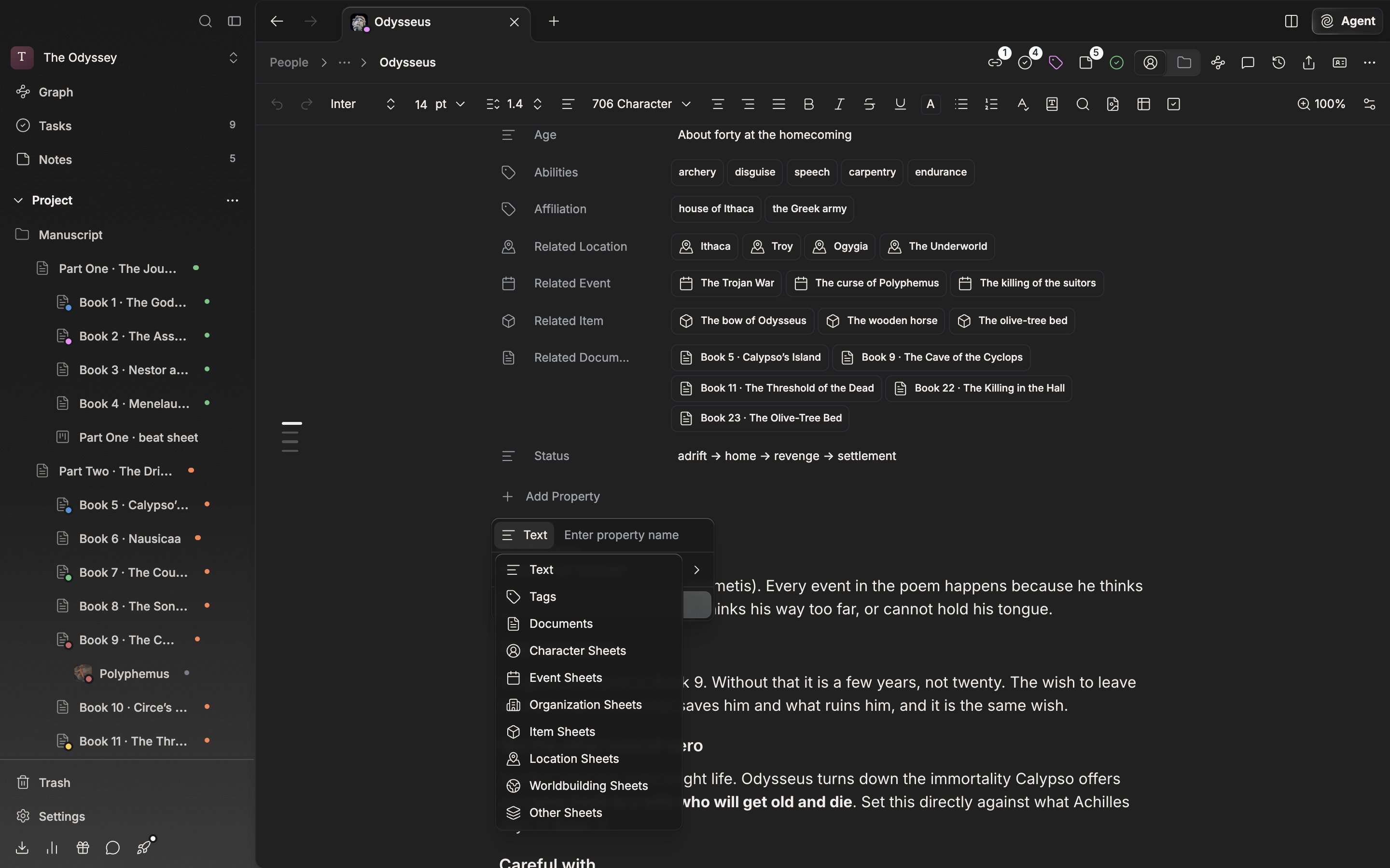 The “Add Property” dropdown is open on a character sheet, and the type button's submenu shows Text, Tags, Documents, and the per-category entries such as Character Sheets and Event Sheets.