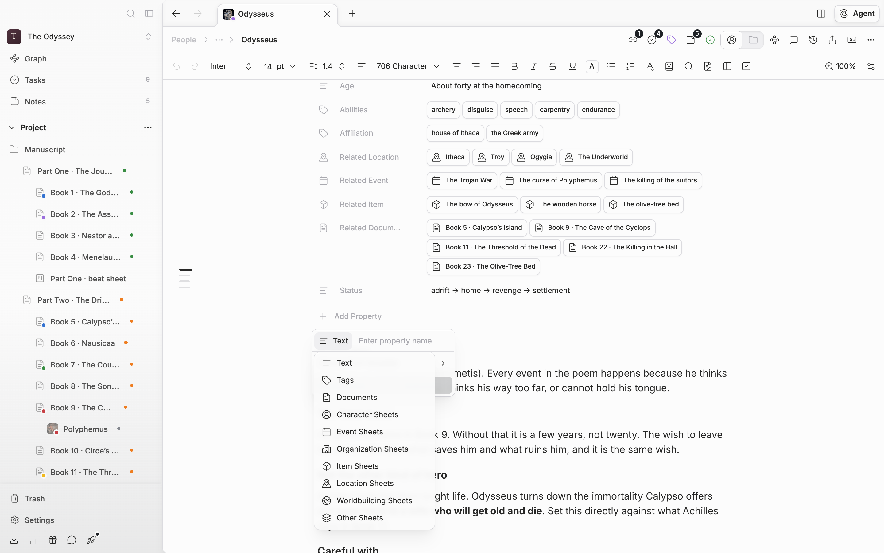 The “Add Property” dropdown is open on a character sheet, and the type button's submenu shows Text, Tags, Documents, and the per-category entries such as Character Sheets and Event Sheets.
