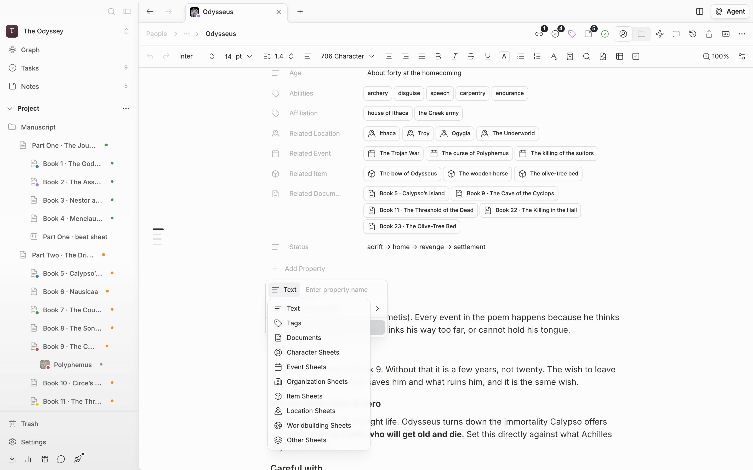 The “Add Property” dropdown is open on a character sheet, and the type button's submenu shows Text, Tags, Documents, and the per-category entries such as Character Sheets and Event Sheets.