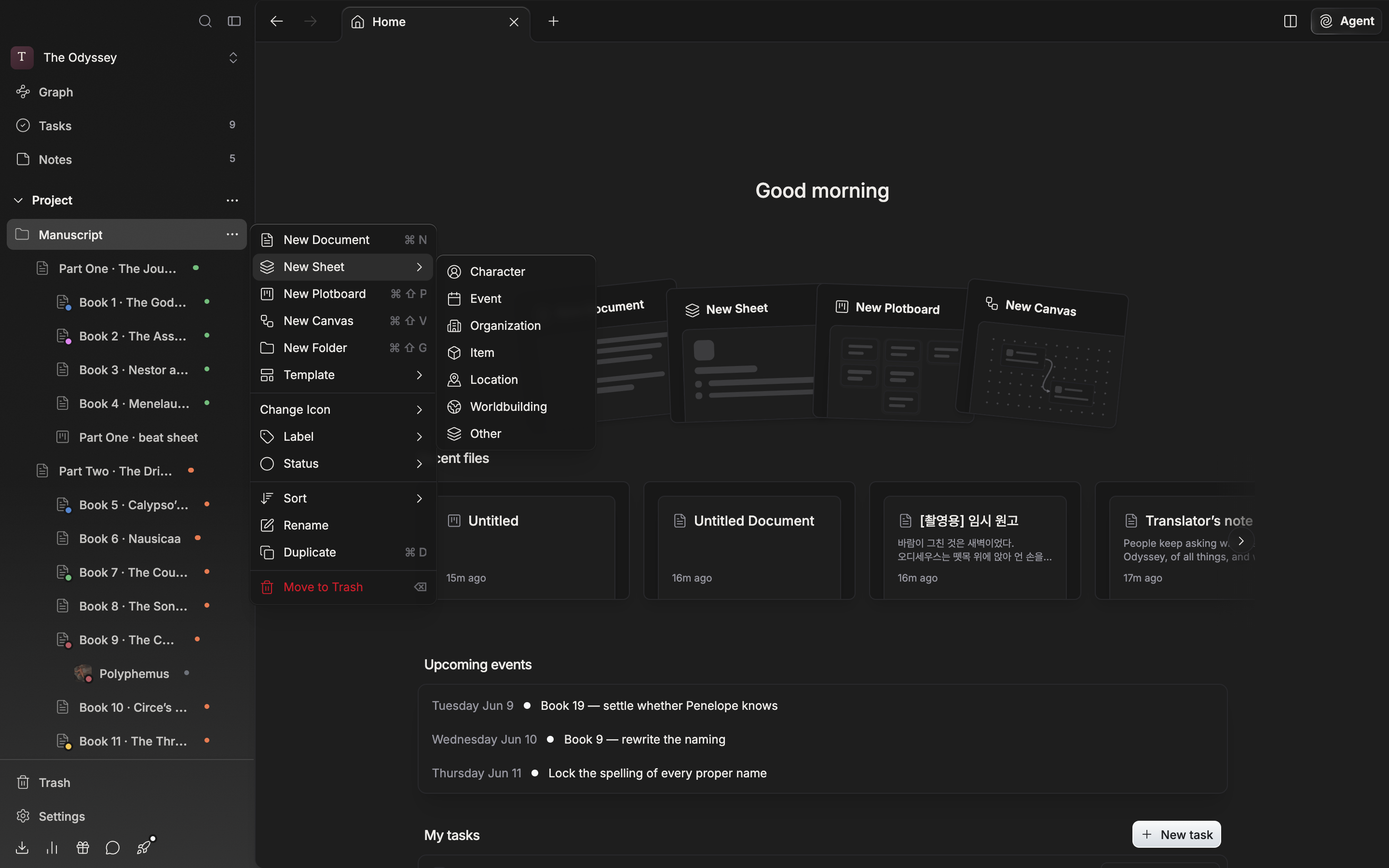 The three dots on a sidebar section heading are clicked to open the create menu, and the “New Sheet” submenu is expanded to show Character, Event, Organization, Item, Location, Worldbuilding, and Other with their icons.