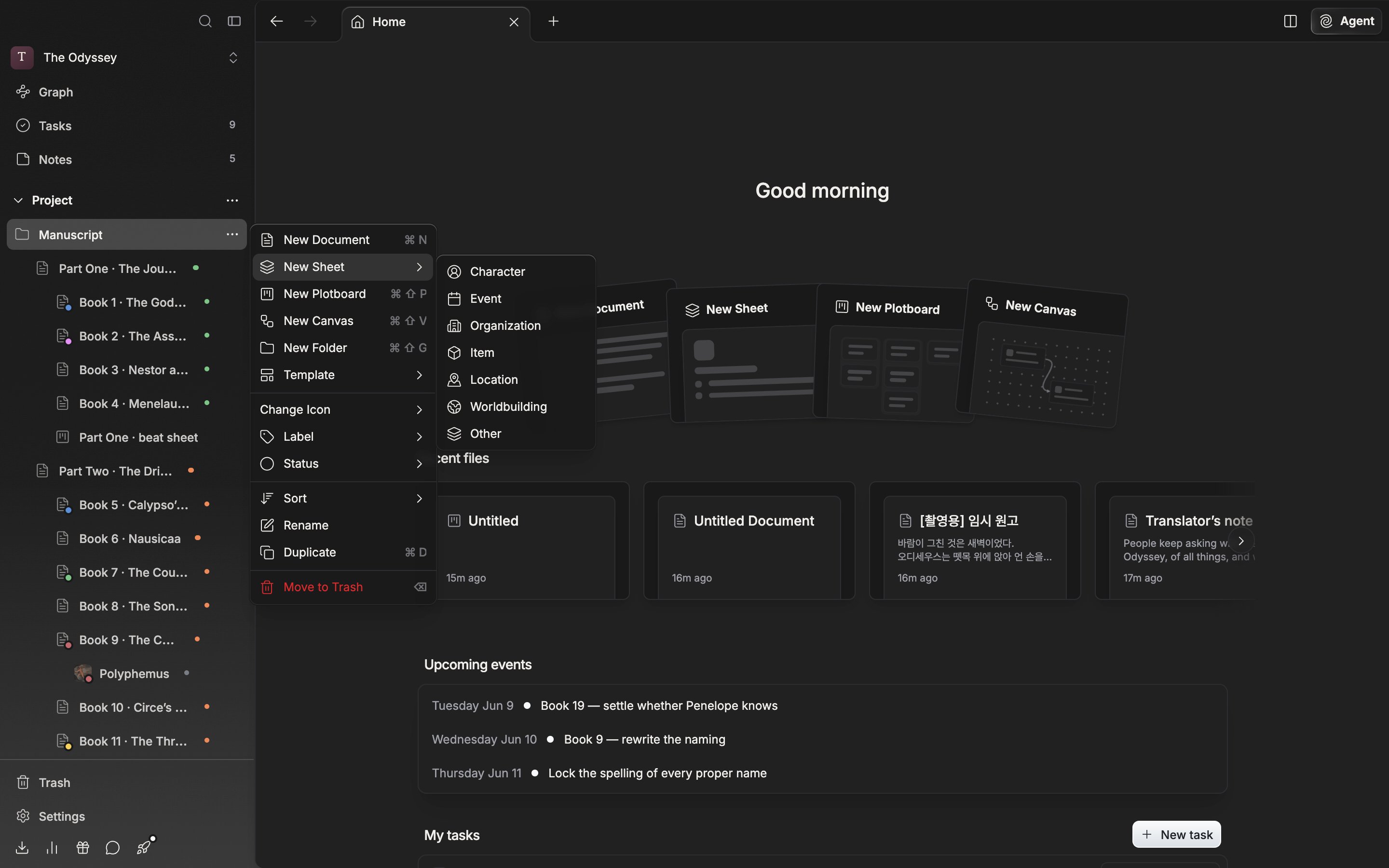 The three dots on a sidebar section heading are clicked to open the create menu, and the “New Sheet” submenu is expanded to show Character, Event, Organization, Item, Location, Worldbuilding, and Other with their icons.