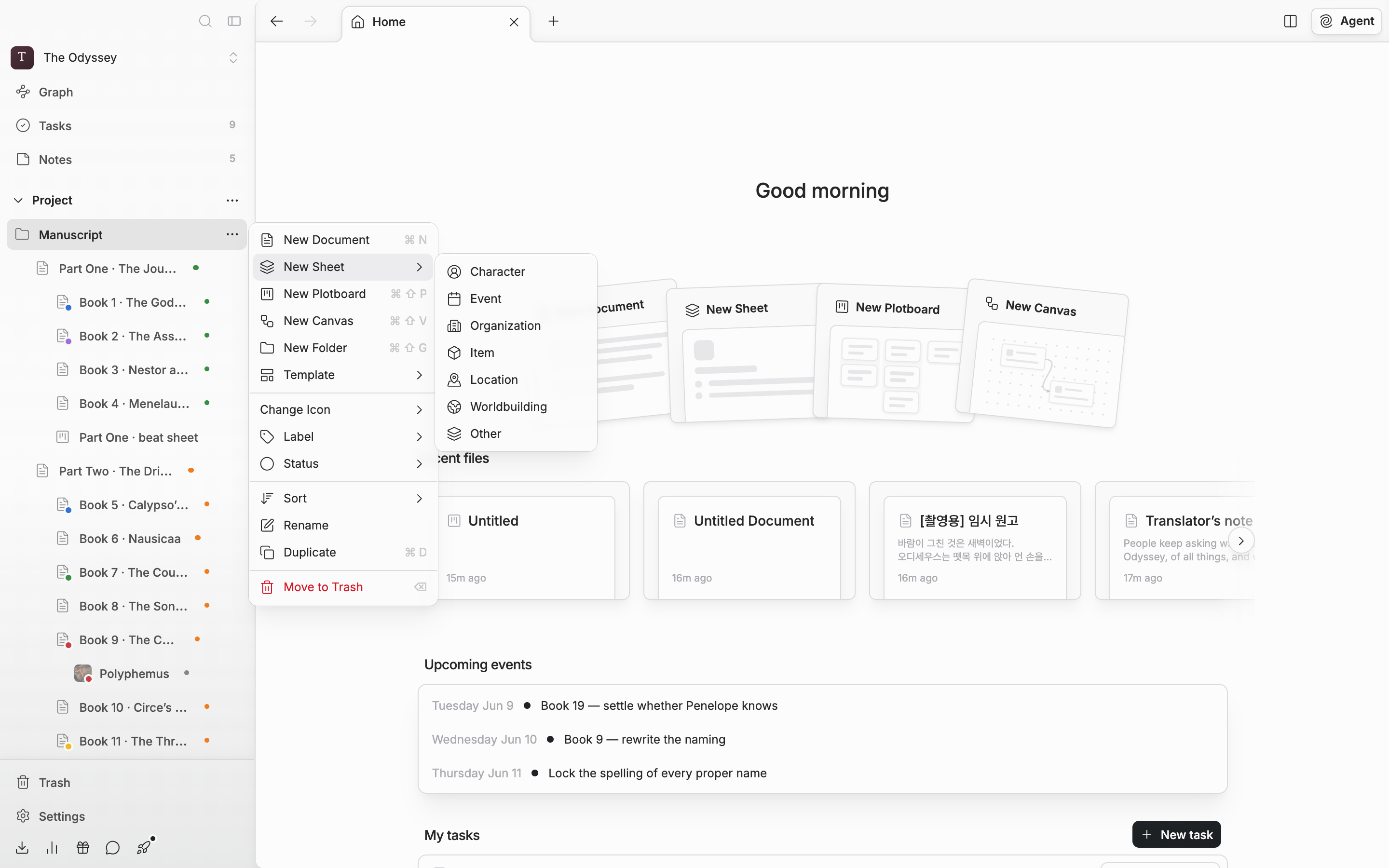 The three dots on a sidebar section heading are clicked to open the create menu, and the “New Sheet” submenu is expanded to show Character, Event, Organization, Item, Location, Worldbuilding, and Other with their icons.