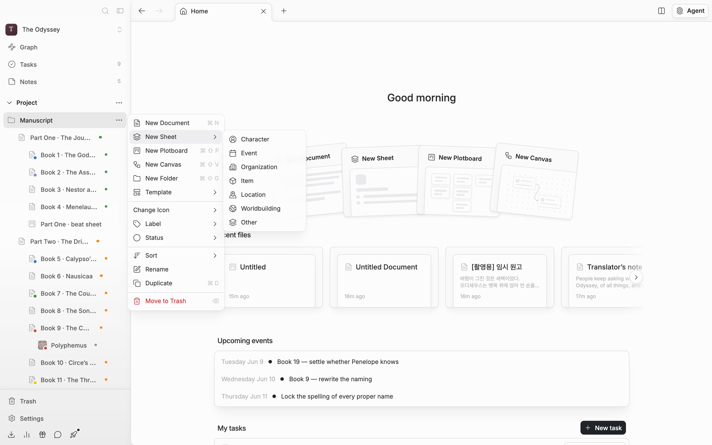 The three dots on a sidebar section heading are clicked to open the create menu, and the “New Sheet” submenu is expanded to show Character, Event, Organization, Item, Location, Worldbuilding, and Other with their icons.