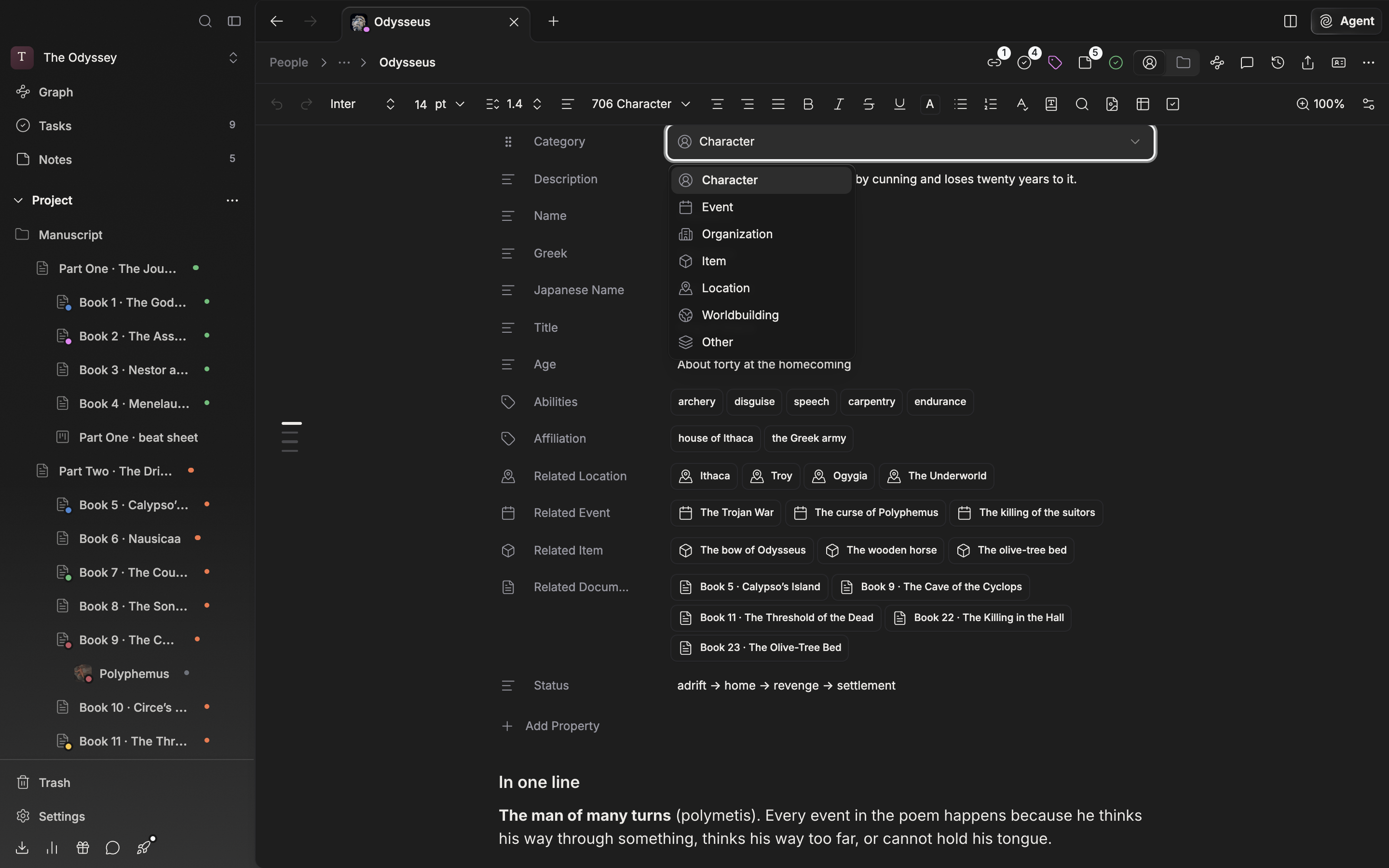 A character sheet is open with the value on the “Category” row clicked so the dropdown is expanded. Character, the current category, is highlighted and the other six appear with their icons.