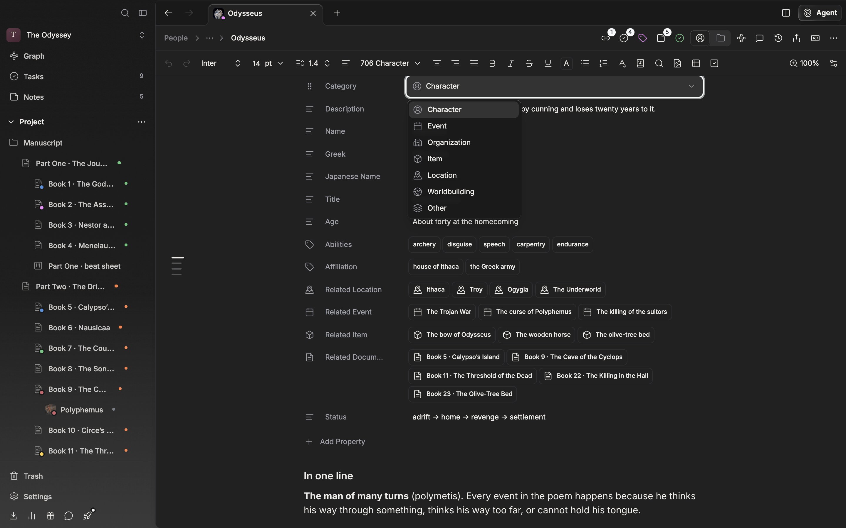 A character sheet is open with the value on the “Category” row clicked so the dropdown is expanded. Character, the current category, is highlighted and the other six appear with their icons.