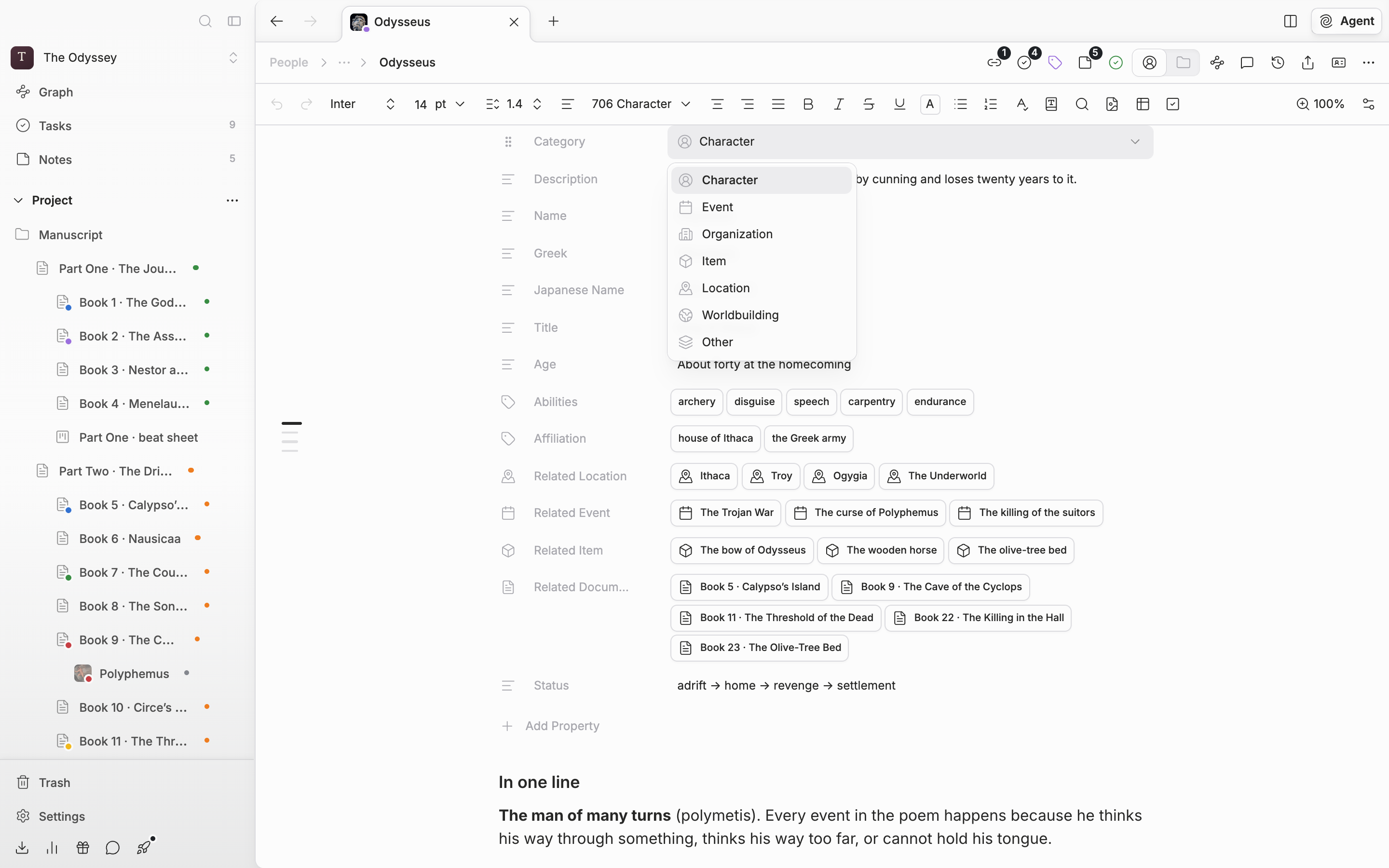 A character sheet is open with the value on the “Category” row clicked so the dropdown is expanded. Character, the current category, is highlighted and the other six appear with their icons.